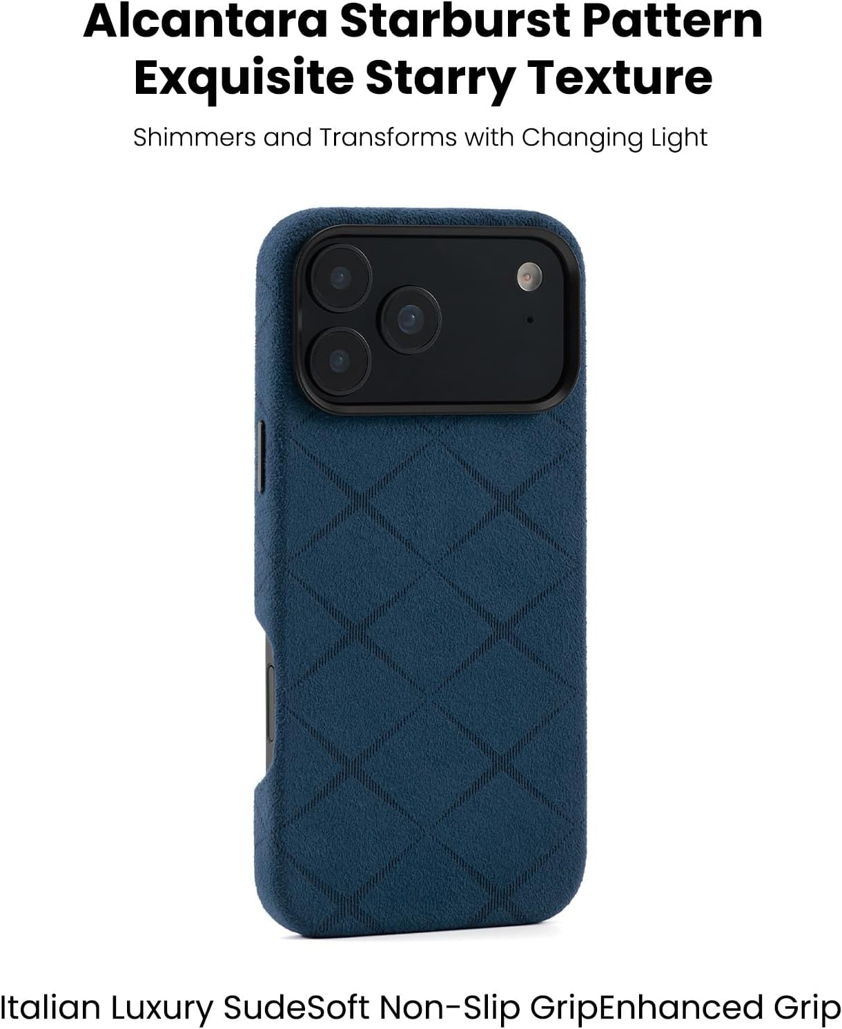 Alcantara Starburst Pattern Phone Case iPhone 17 Pro Max 6.9", Compatible with Mag-Safe Wireless Charging, Full-Wrap Luxury Italian Suede Protective Cover (Starburst Navy Blue)