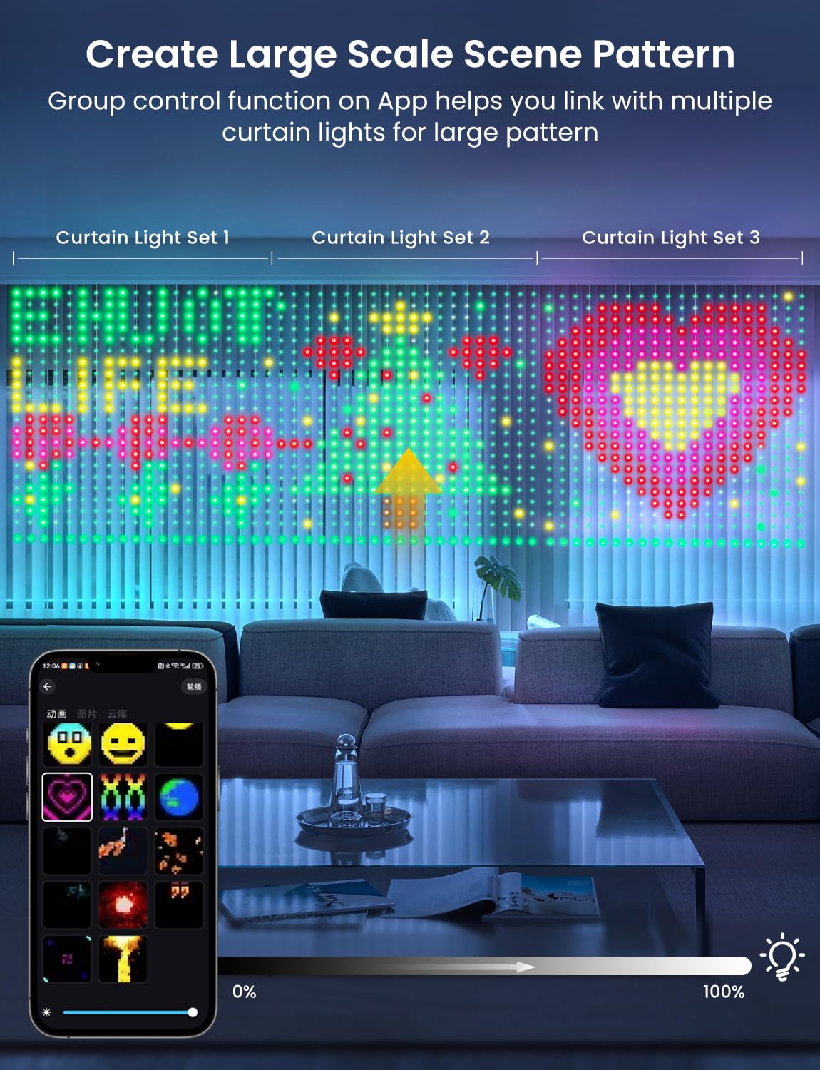 Smarte LED-Vorhang-Lichter, 400 LEDs, RGB+IC, Farbwechsel-Wandleuchten, 2 x 2 m, dynamisches DIY-Muster, LED-Lichterkette, APP-Fernbedienung, für Schlafzimmer, Wohnzimmer, Fensterdekoration, Party