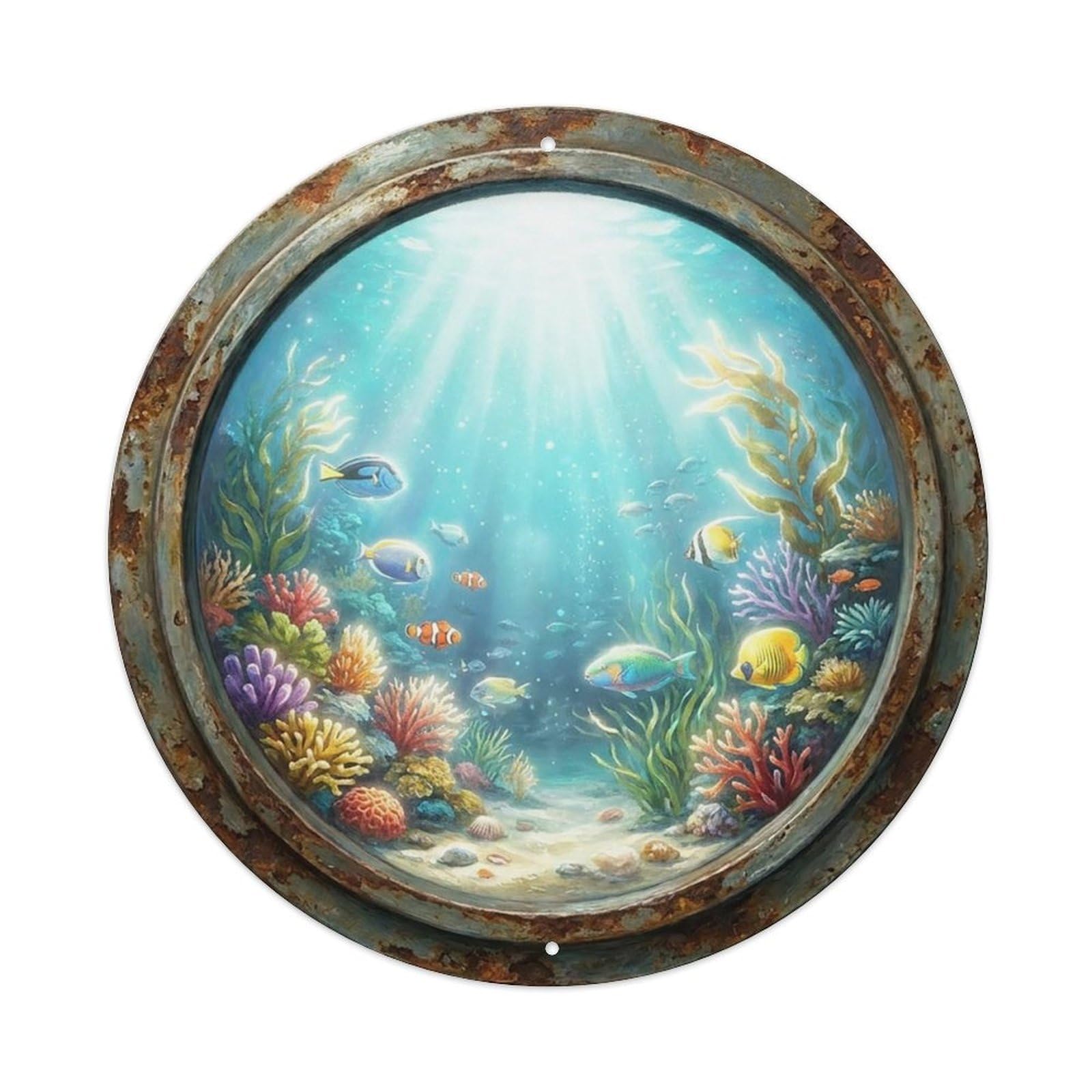 Vintage Porthole Backlit Scene Ship Window Under Deep Metal Tin Sign