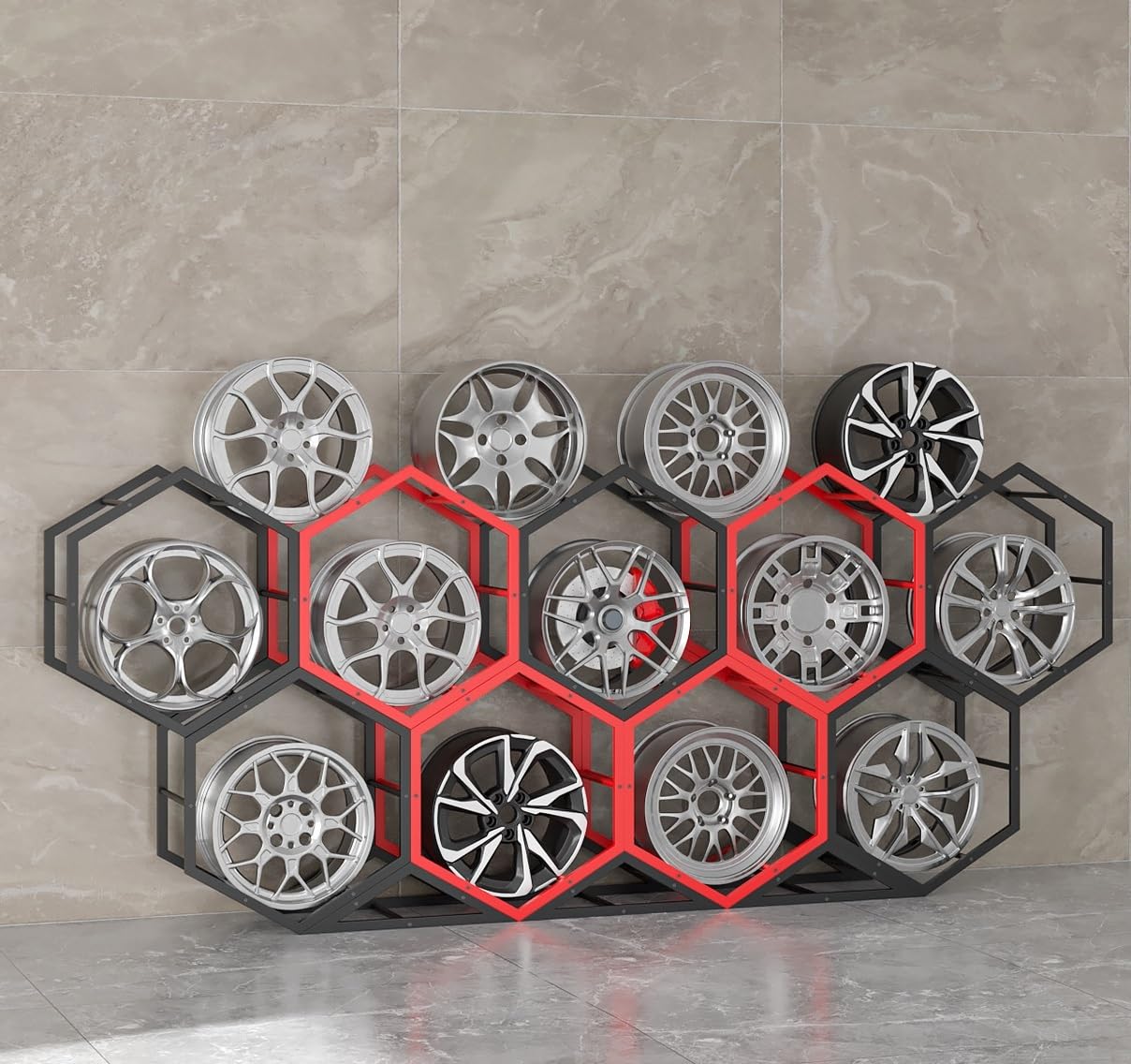 CGCSYZ Rims Tire Rack for Garage, Hexagon Display Rack, Steel Spare Tyre Organizer, Wheel Organizer Holder (F)