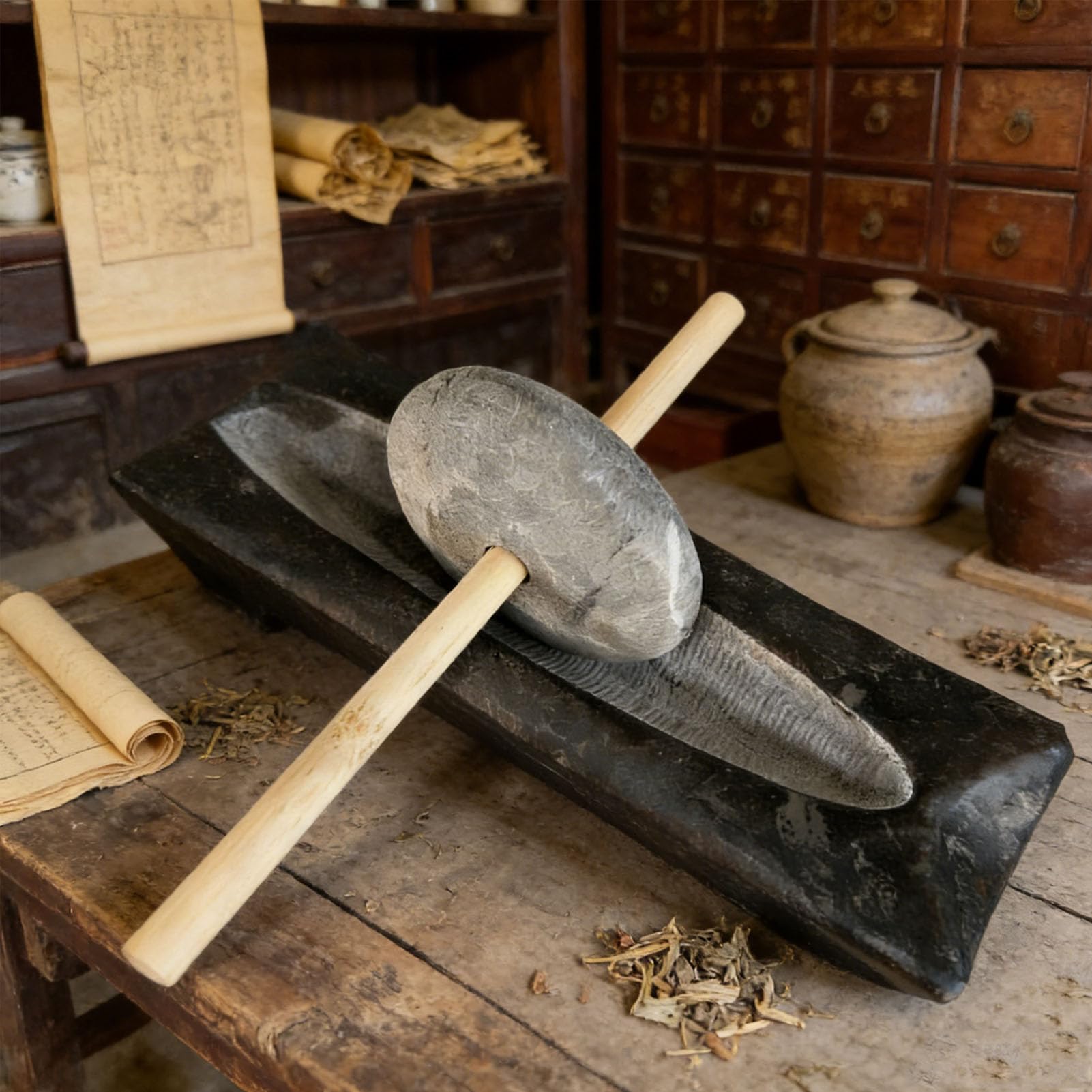 Macina A Pietra Manuale per Macinare, Macina Manuale Fatta A Mano per Uso Domestico, Rullo in Pietra Blu E Set Stobel per L'uso Domestico per Chicchi di caffè, Spezie Fresche E tè(Size:15cm)