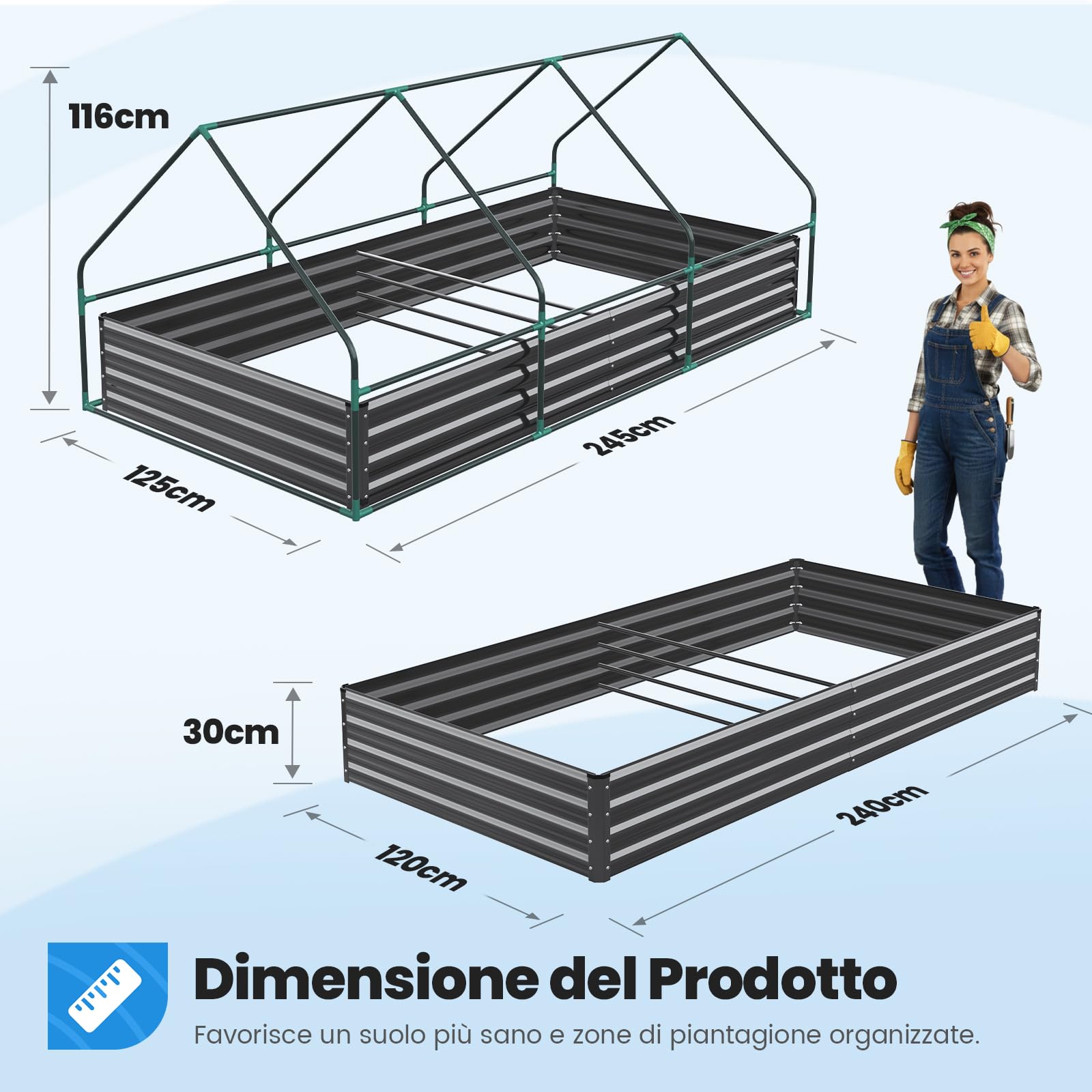 Quictent Orto RiAlzato in Metallo Galvanizzato con Copertura di Mini Serra, Fioriera 3 in 1 Grande per Giardini, Patios e Terrazze, 240x120x30cm