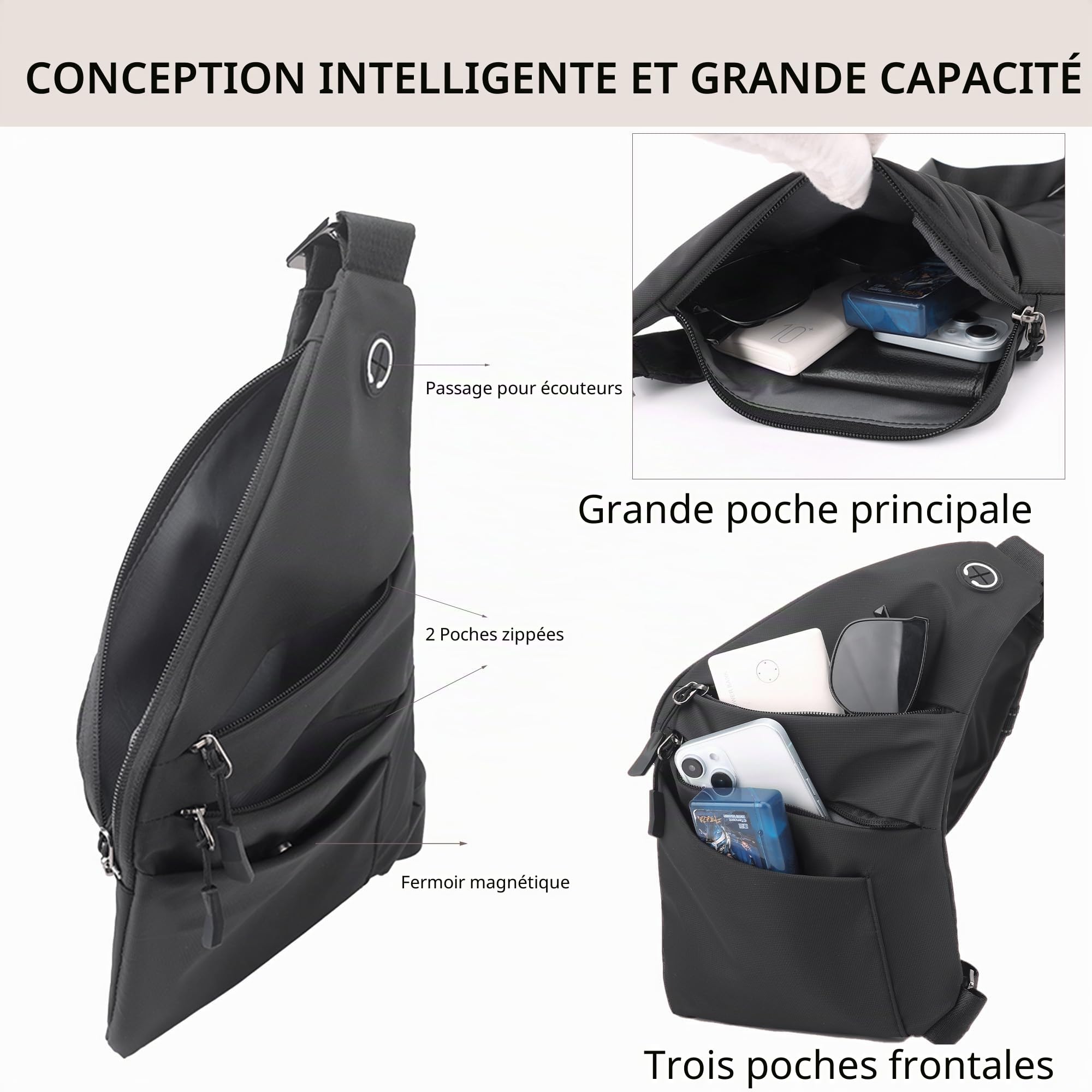 Sac anti-vol multifonction, Sac bandoulière anti-vol avec compartiments multiples étanche sécurisé pour voyage