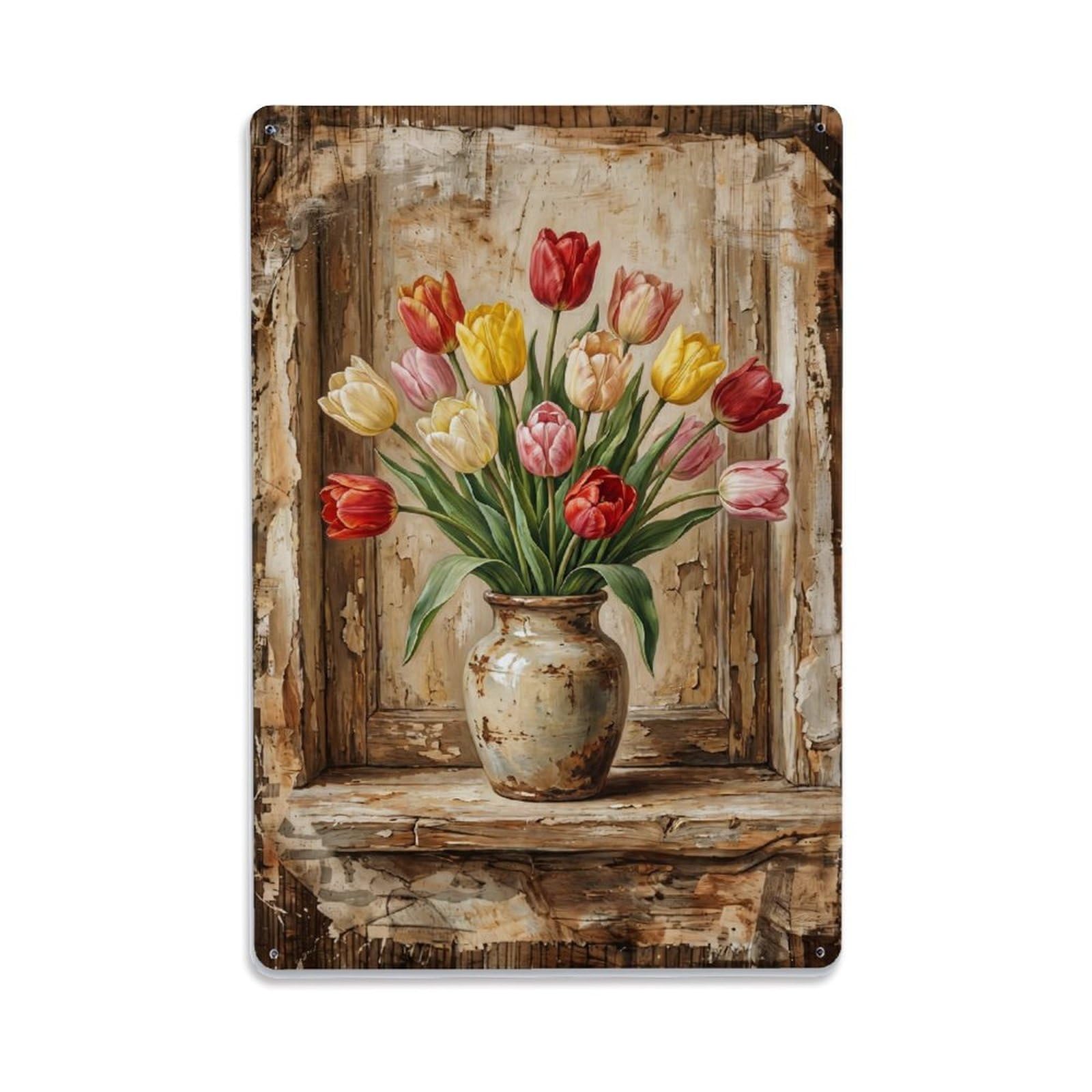 Tulips Vase Windowsill Farmhouse Vintage Metal Tin Sign Plaque Wall Decor for Cafe, Club, Garden Metal Poster 8x12Inch