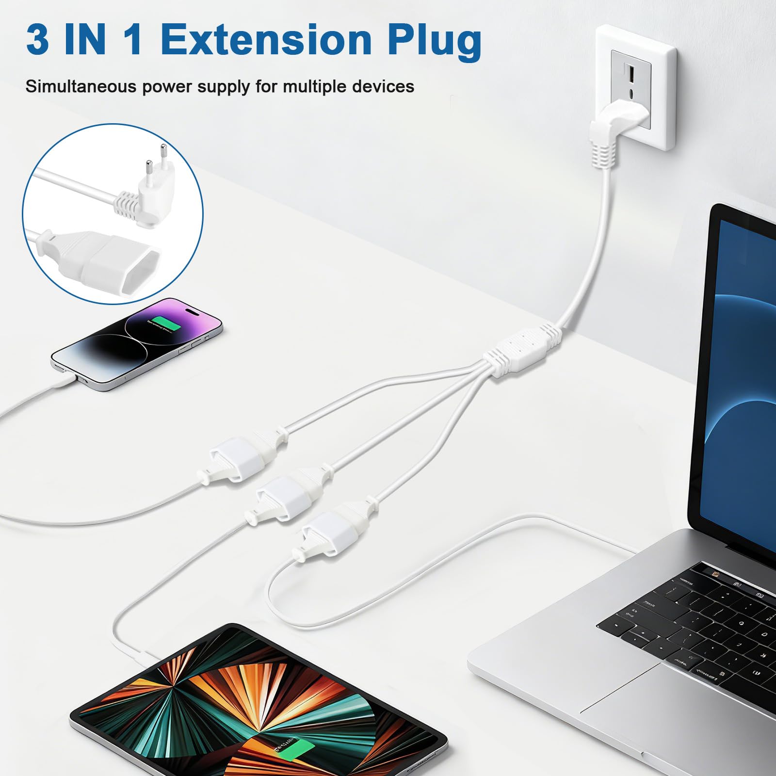 VINATO Câble D'extension Euro 3 en 1, 2.5A 250V Rallonge Electrique Exterieure, Rallonge Prise Plate, pour électroménagers TV Moniteur D'Ordinateur (Blanc, 0.5m)