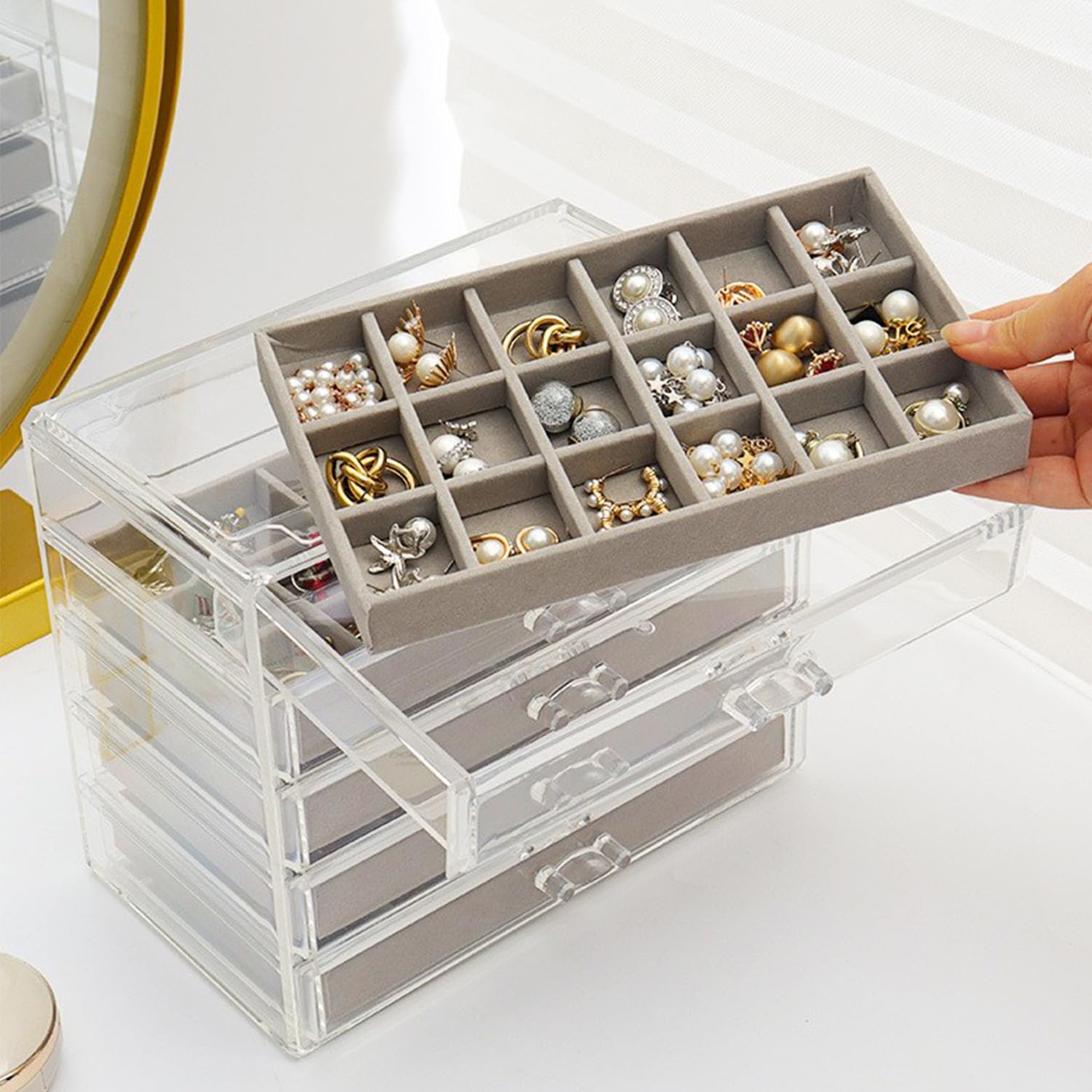 Jinavoty Schmuck Organizer Set 4-teilig - Graue Samt Trays Für Schubladen