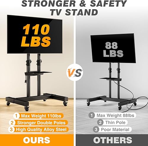 Miniatura 2 de TVON Soporte de TV rodante resistente con toma de corriente para televisores de 32 a 83 pulgadas, soporte de TV móvil de altura ajustable sobre