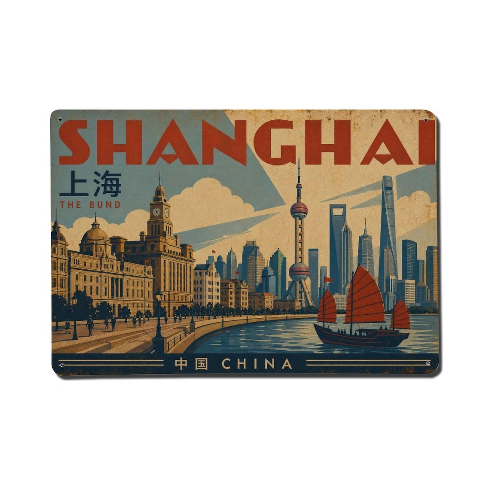 Huiyhb 8X12inch(20X30cm) Travel Retro China Shanghai Metal Tin Sign
