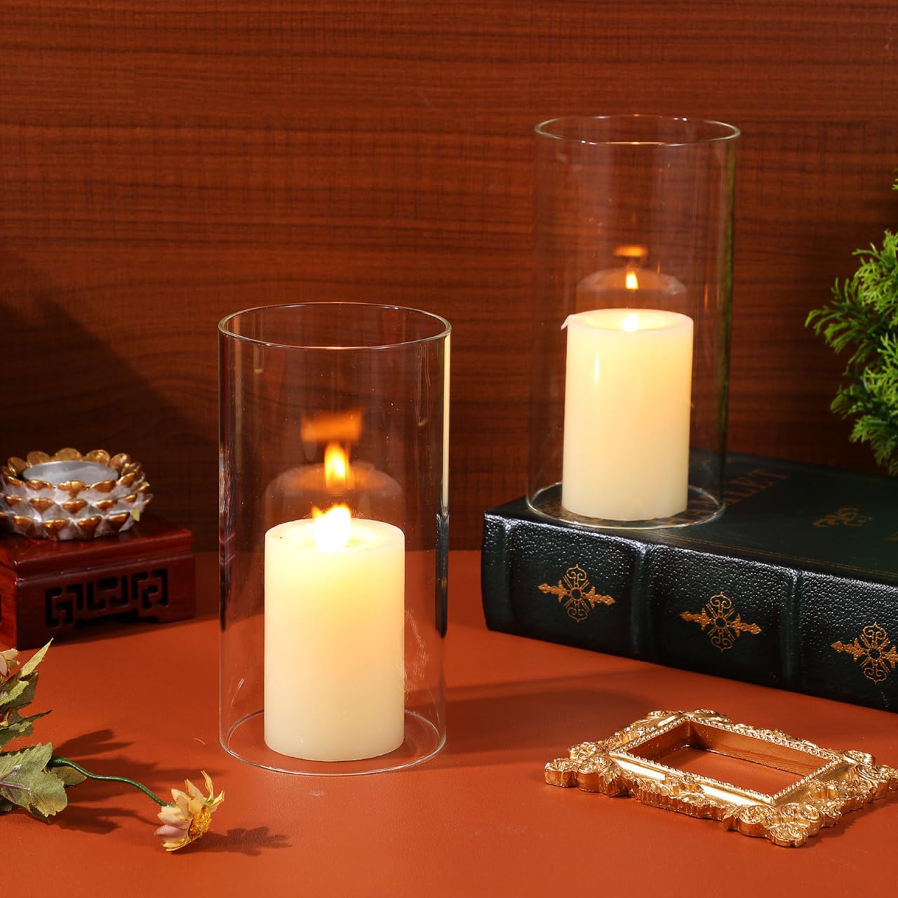 2 cilindri in per candele, portacandele a cilindro in, antivento, a cupola, per tealight, matrimonio, decorazione da tavolo, 8 x 15 cm