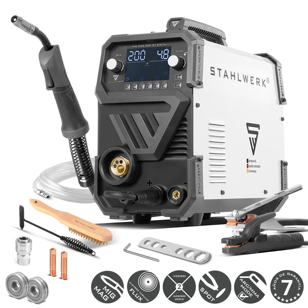 STAHLWERK Soldador MIG/MAG 200 ST Digital – Máquina de soldar | Inverter con 200 A, MMA (Electrodo/ARC), FLUX (hilo hueco), posibilidad de soldar sin gas, Spot, avance de hilo sinérgico