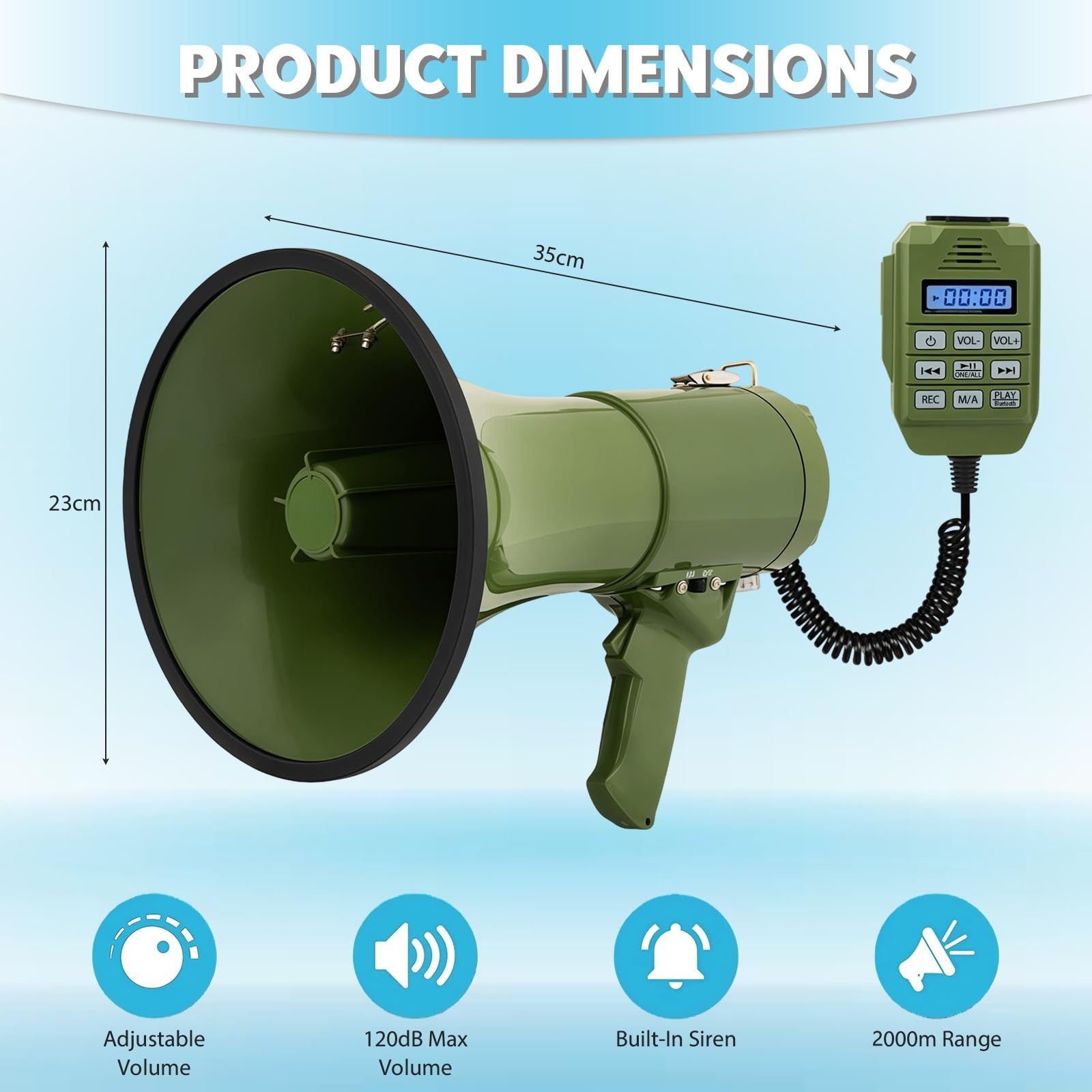 Megáfono Transportable con Sirena, Micrófono, Grabación y Bluetooth, 2 Métodos de Alimentación
