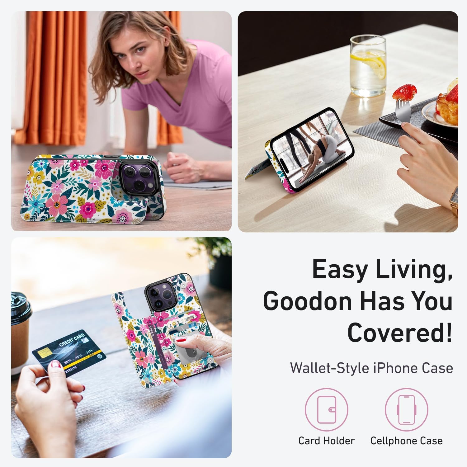 Goodon for iPhone 14 Pro Max Case Wallet - Flip Folio Leather Cover with Trendy Floral Design, 4 Card Slots & Kickstand Function, Protective Phone Case for Women and Girls - Blooming Flowers - Image 6