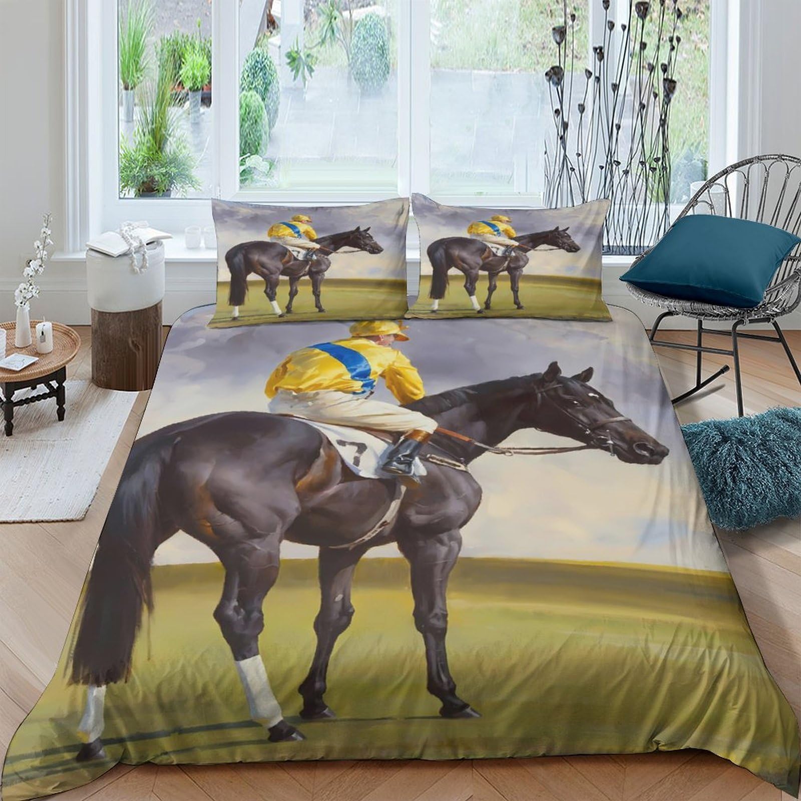 Ctjqhvkz Style-5 3D Printed Horse Racing Fitted Sheet Microfiber Soft Anti-Slip Matte Bed Cover Jockey Print For Bedroom Decor Single（135X200cm）