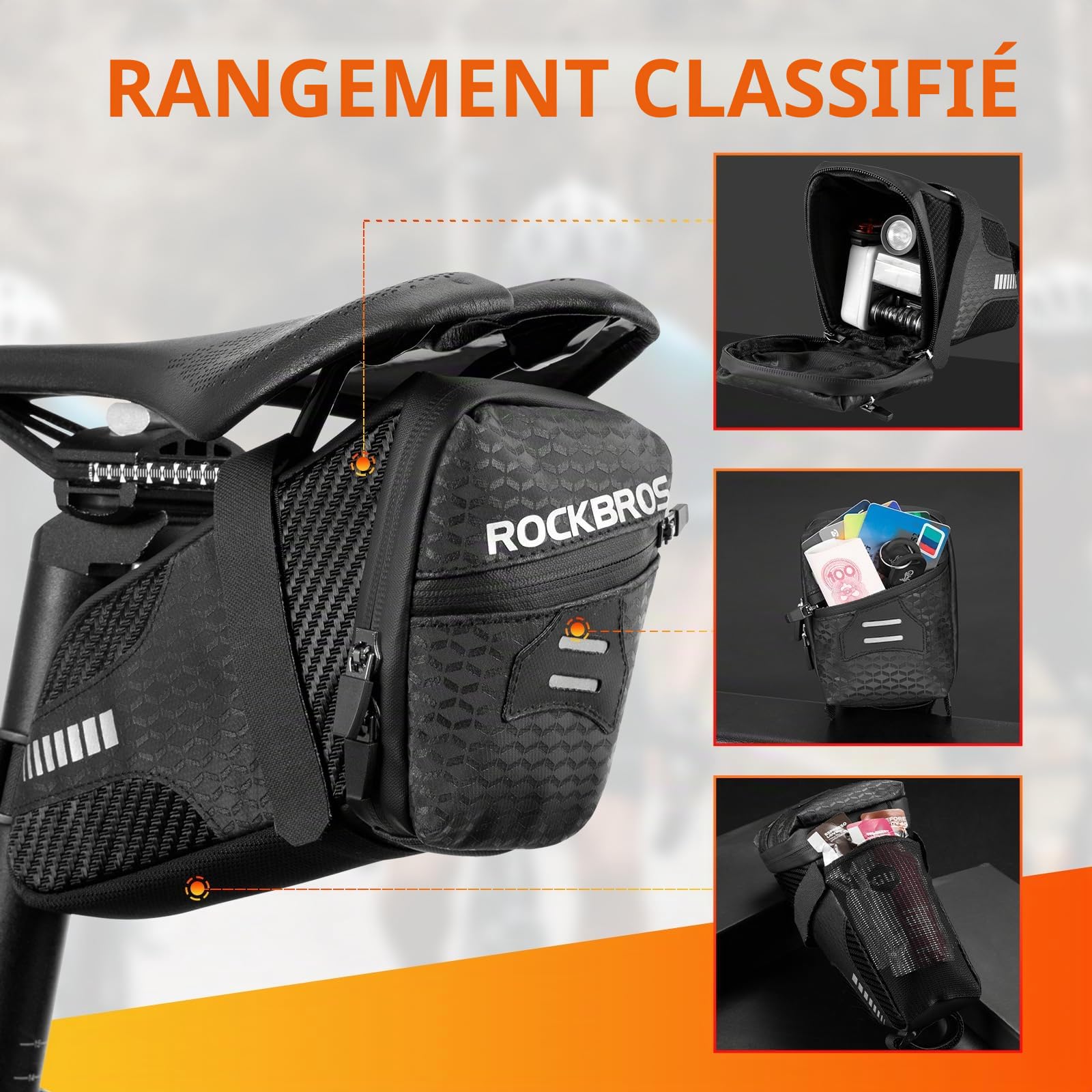 ROCKBROS Sacoche de Selle Vélo VTT Cyclisme Sac de Siège Arrière Réfléchissant Universel Installation Facile 1,5L Noir