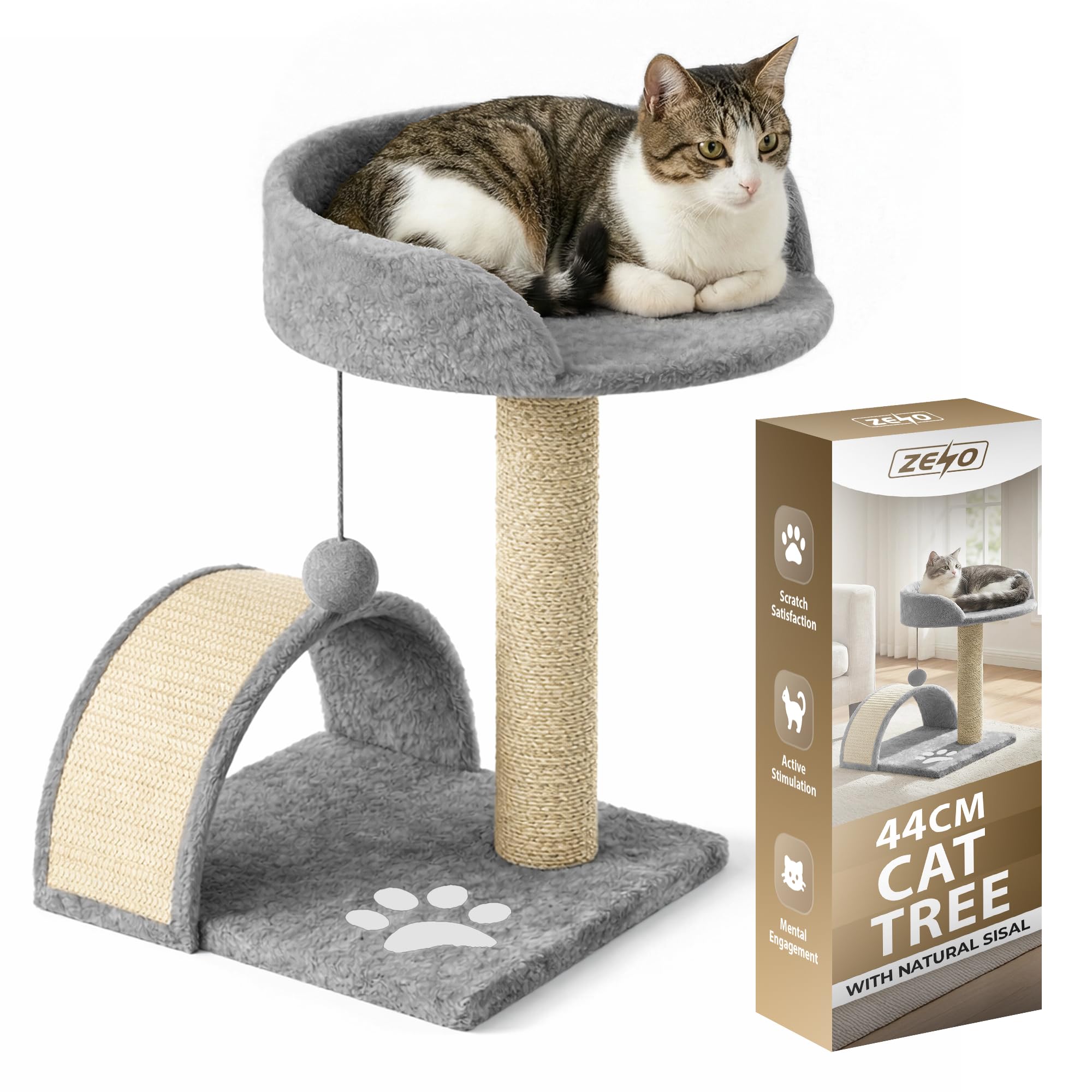 ZENO Cat Tree 44CM | Cat Scratch Post | Scratching Posts for Indoor Cats | Stable Climbing Tower with Scratch Bridge, Cosy Bed & Post for Scratching | Grey