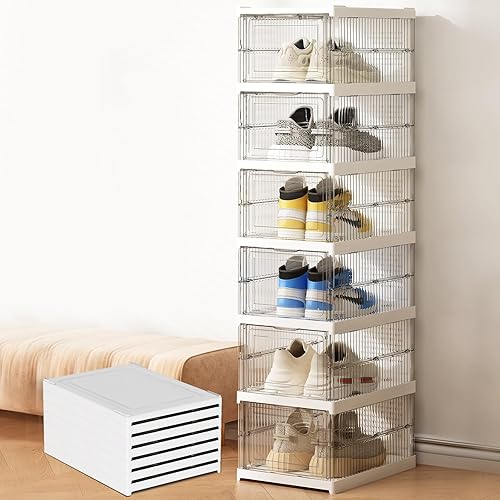 Caja de almacenamiento de zapatos con tapa, organizador de zapatos apilable sin montaje, contenedor de almacenamiento con puerta, estante de zapatos