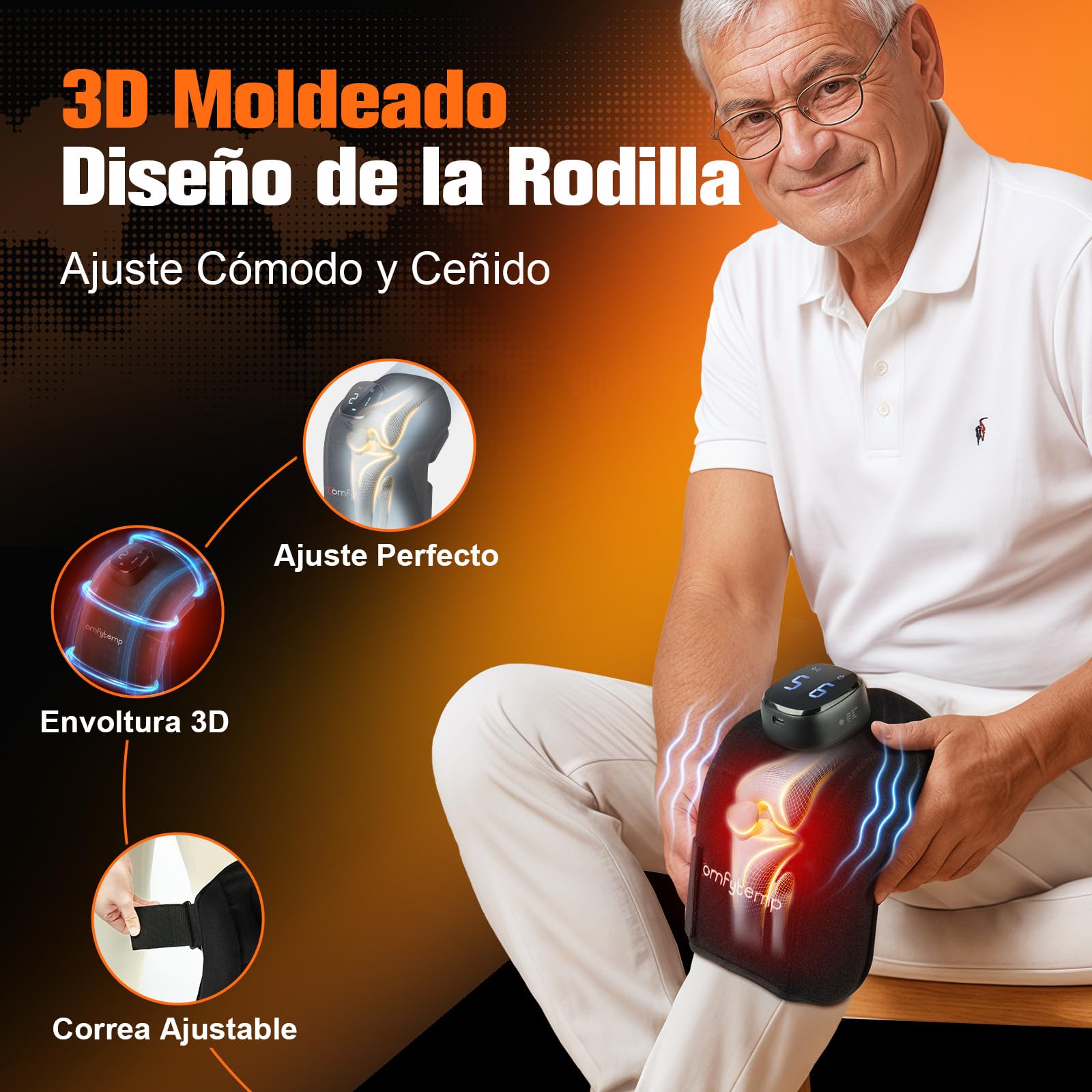 Comfytemp Almohadilla Térmica Inalámbrica para Rodilla, Masajeador 3D de Rodillas, Manta Eléctrica Portátil con 9 Calor 5 Vibración 3 Intensidad con Control APP, san Valentin Regalo