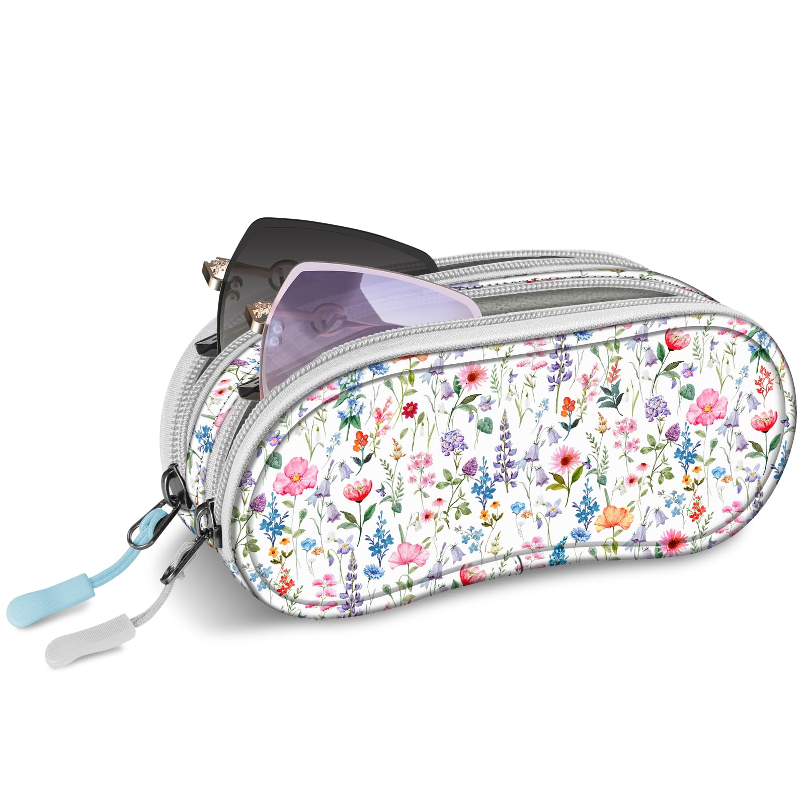 FINTIE Double Glasses Case for Men Women, Soft Portable Sunglasses Pouch with Clip, Dual Zipper Compartments, Flower Fantasy
