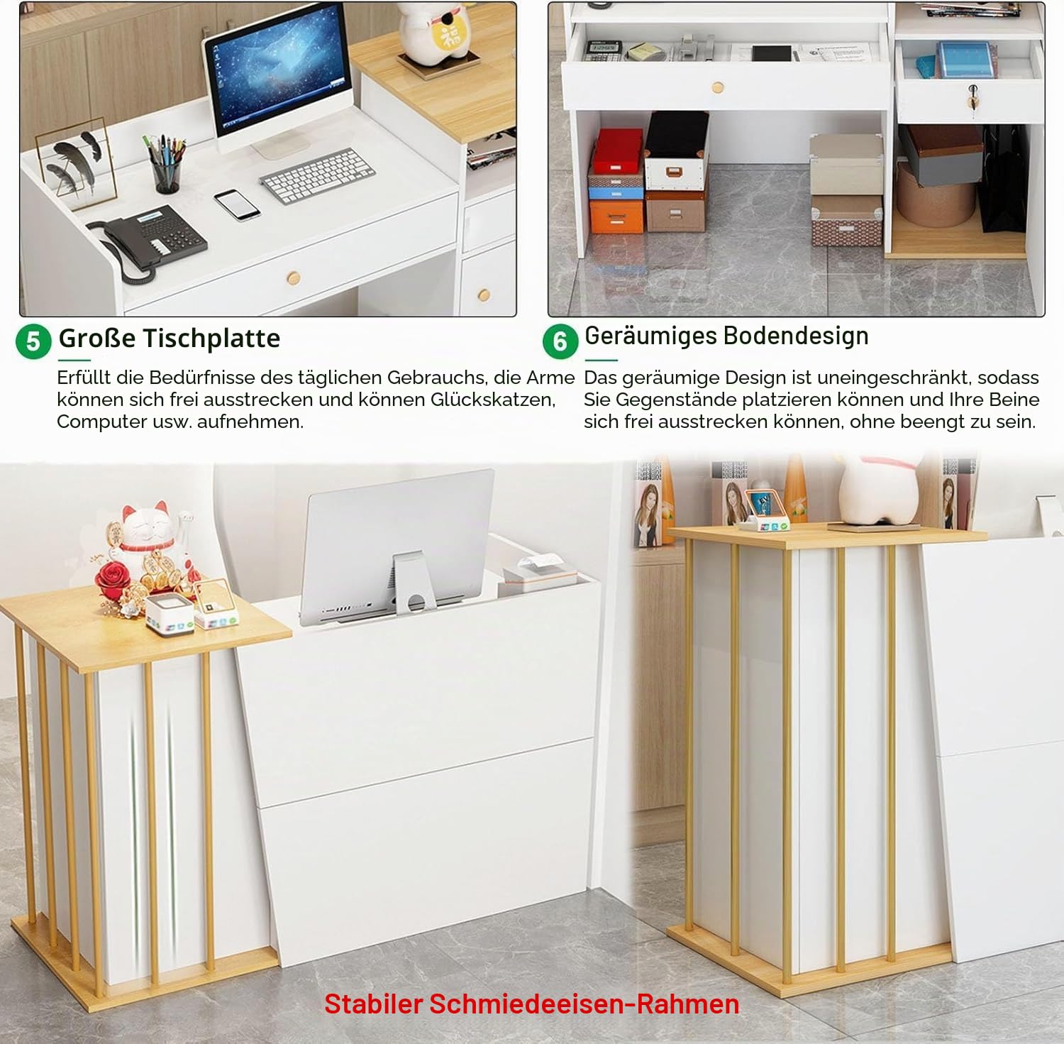 Rezeption mit Theke, Moderne Rezeption mit 4 Ablagefächern, Empfangstresen mit Stauraum, Empfangstheke für Büro, Hotel, Salon, Einzelhandel und Lobby(B,120cm)