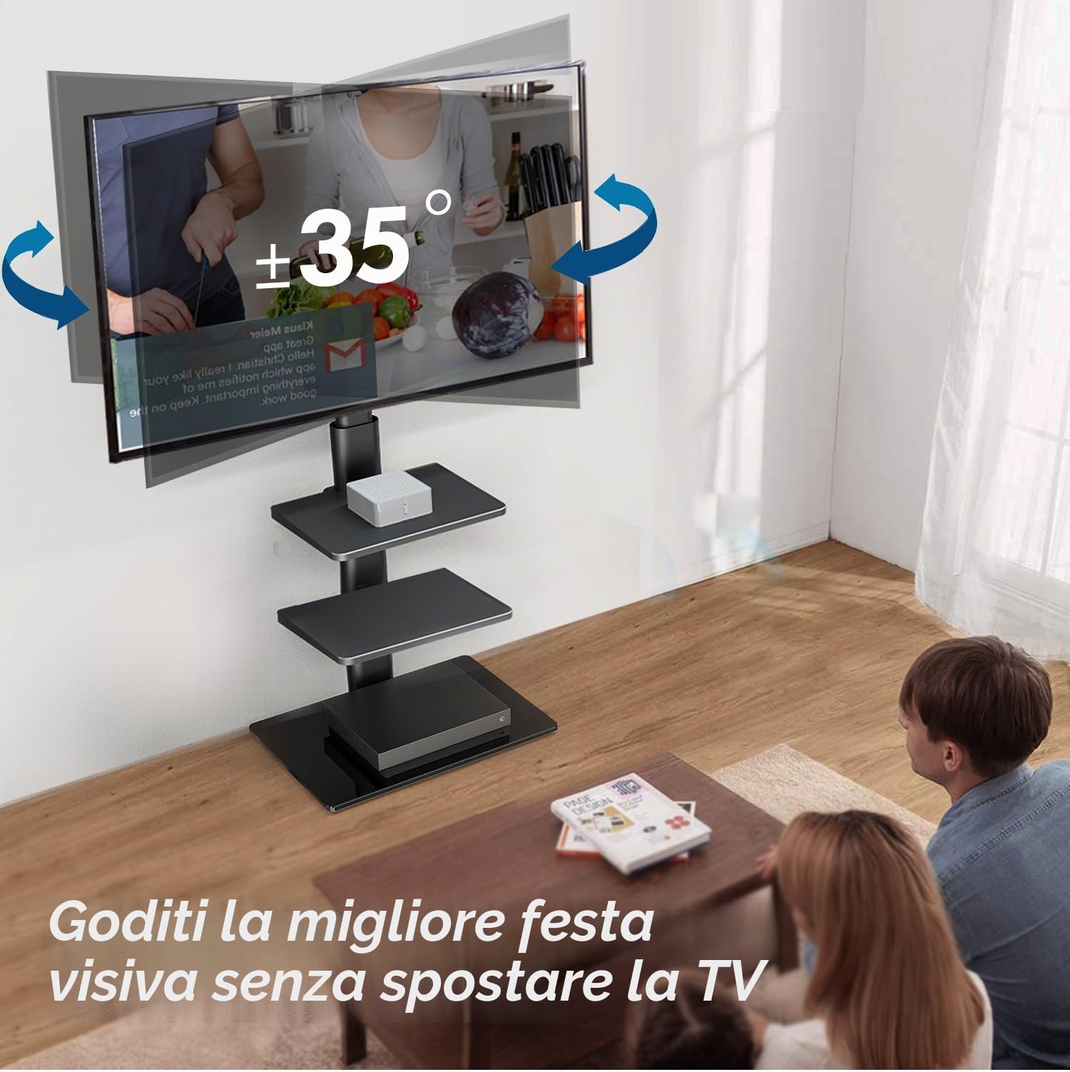 FITUEYES Supporto TV da Pavimento per Schermi da 32-60 Pollici, Mobili Porta TV da Terra con 2 Ripiani Regolabili, Gestione dei Cavi, Portata Max.30 kg, VESA Max. 600 x 400 mm, Nero