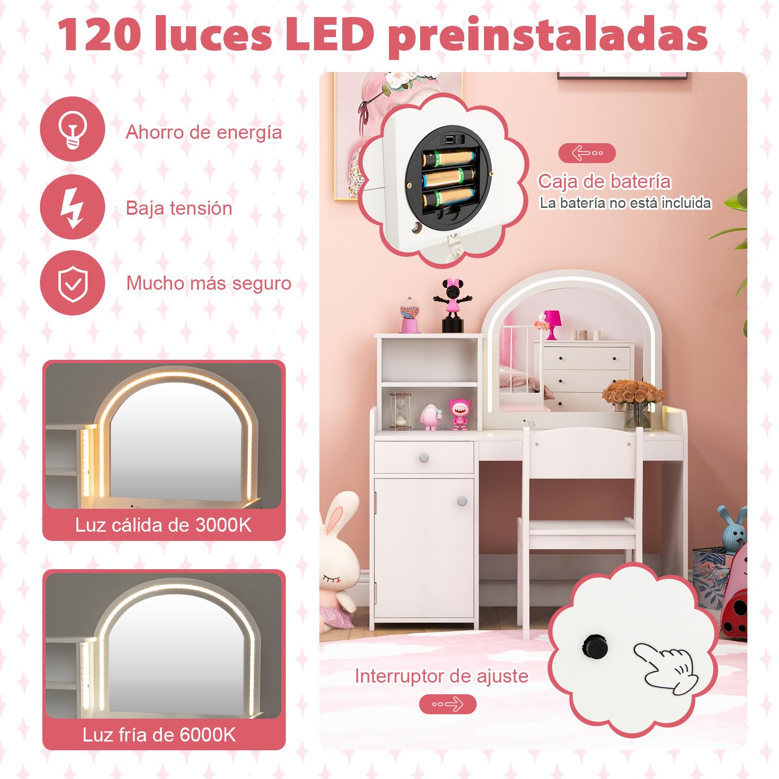 COSTWAY Tocador de Maquillaje Niña con Luces LED 2 Colores, Mesa y Silla para Niños, Espejo Acrílico Blanco