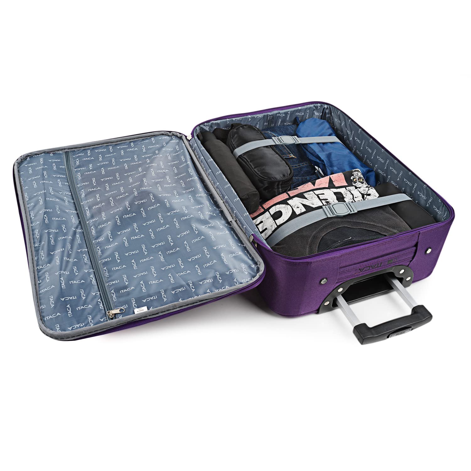 ITACA - Valise Cabine 55X40X20 légère et résistante Bagage Cabine idéal pour Voyages Courts Valise Cabine Tissu Souple 4 Roues pivotantes Compatible Ryanair, Violet