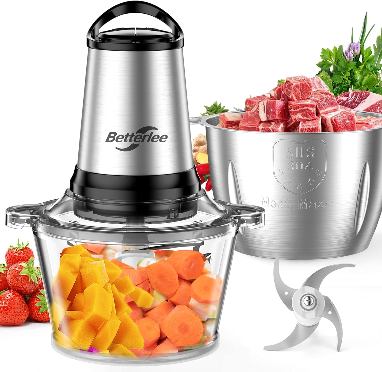 Meat Grinder, 500W Powerful Food Processor with Handle, 2 Bowls(8 Cup+8 Cup)-Includes 1 Set of Bi-Level Blades, Electric Veggie Chopper for Family, Baby Food, Nuts, Grains (Sliver+Black)