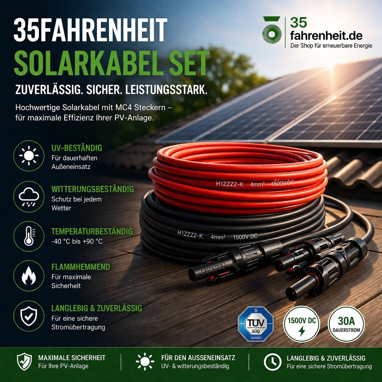 Zestaw kabli solarnych 35 Fahrenheit H1Z2Z2-K 4 mm² | przedłużacz 2 x 8 m wraz z wtyczką solarną | Kabel fotowoltaiczny po obu stronach czerwony/czarny z wtyczką do instalacji solarnej PV | odporny na