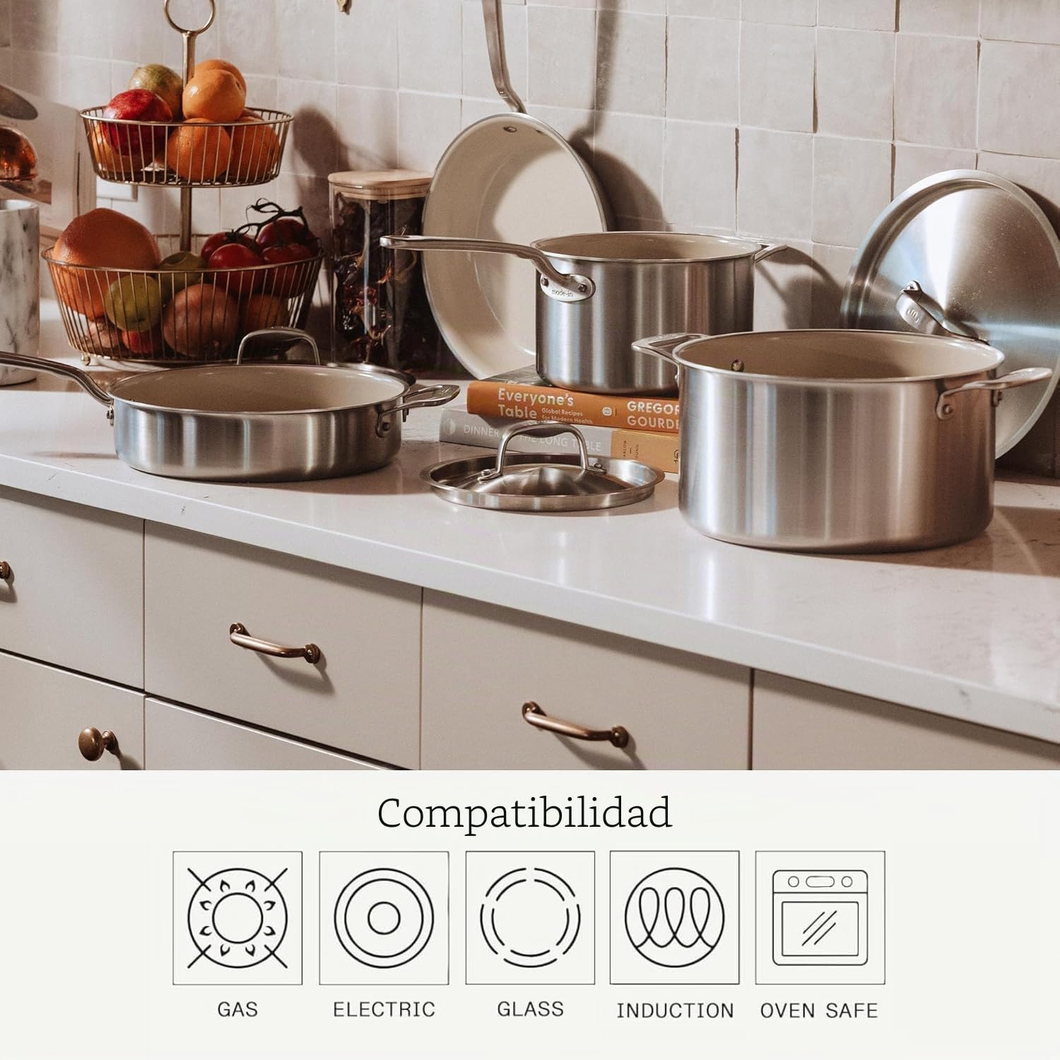 Made In Cookware - Sartén antiadherente de cerámica de 3.5 cuartos de galón con tapa, revestimiento de acero inoxidable de 5 capas, utensilios de cocina profesionales, fabricado en Italia, compatible