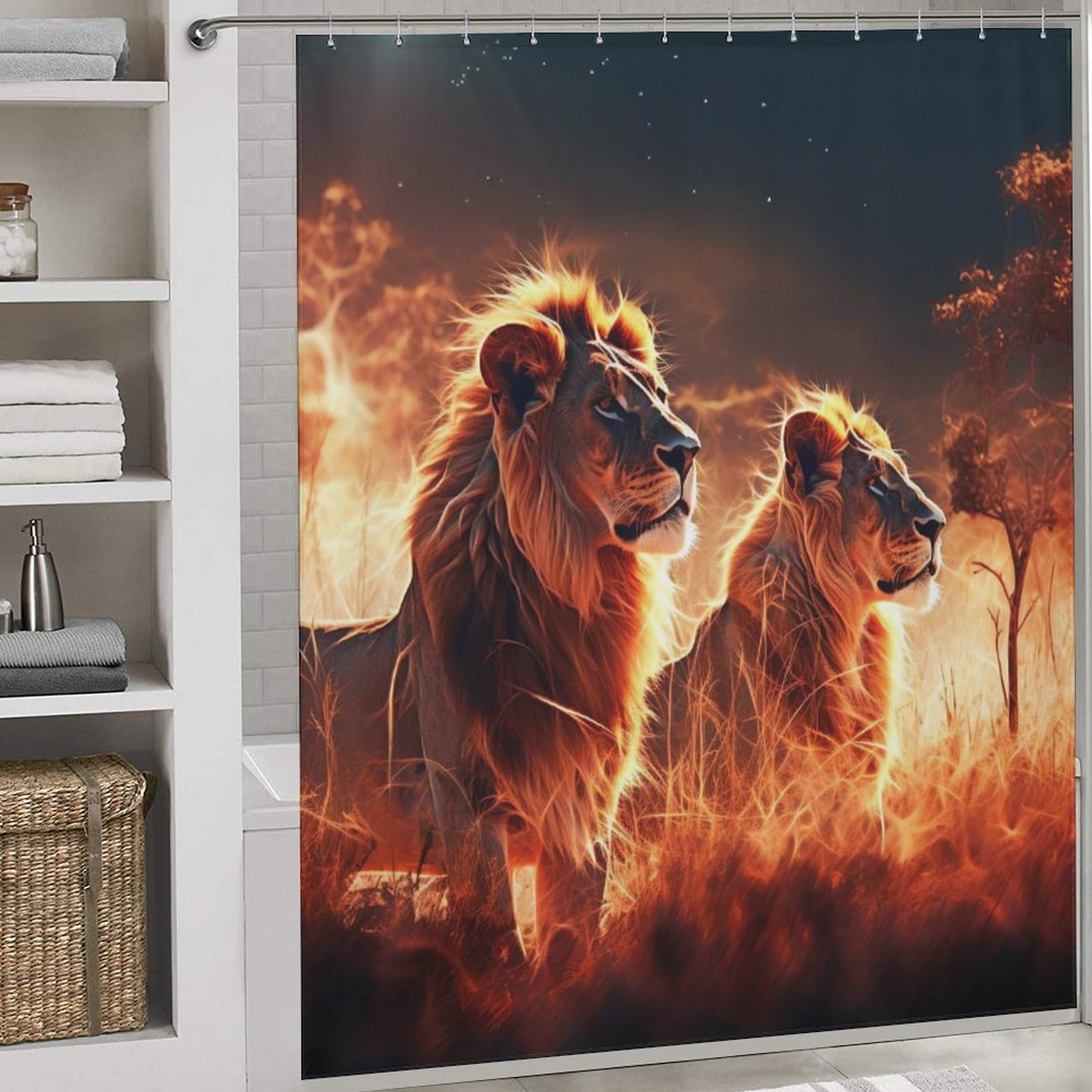 Rideau de douche lion imperméable en tissu lavable anti-moisissure pour baignoire