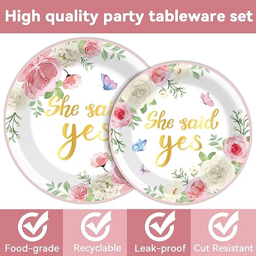 Miniatura 4 de ZOIIWA 96 piezas Platos y servilletas "She Said Yes" Decoraciones de compromiso Platos y servilletas de papel para postres "She Said Yes" Juego