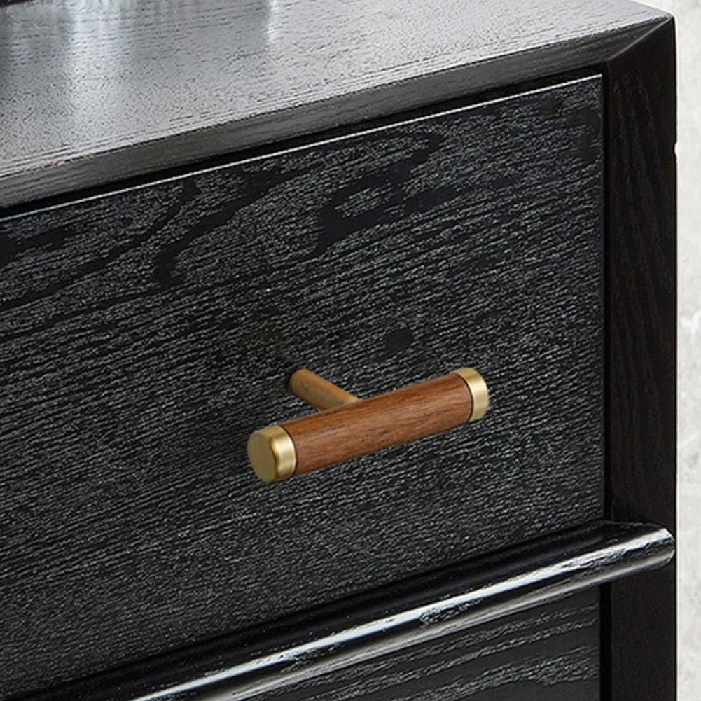 Maniglia per armadio da cucina, in ottone+noce, maniglie a T in stile europeo per mobili, cassetti, cassettiera, porta, pomello per armadietti (foro singolo/96/128/160 mm) (5 pezzi foro singolo)
