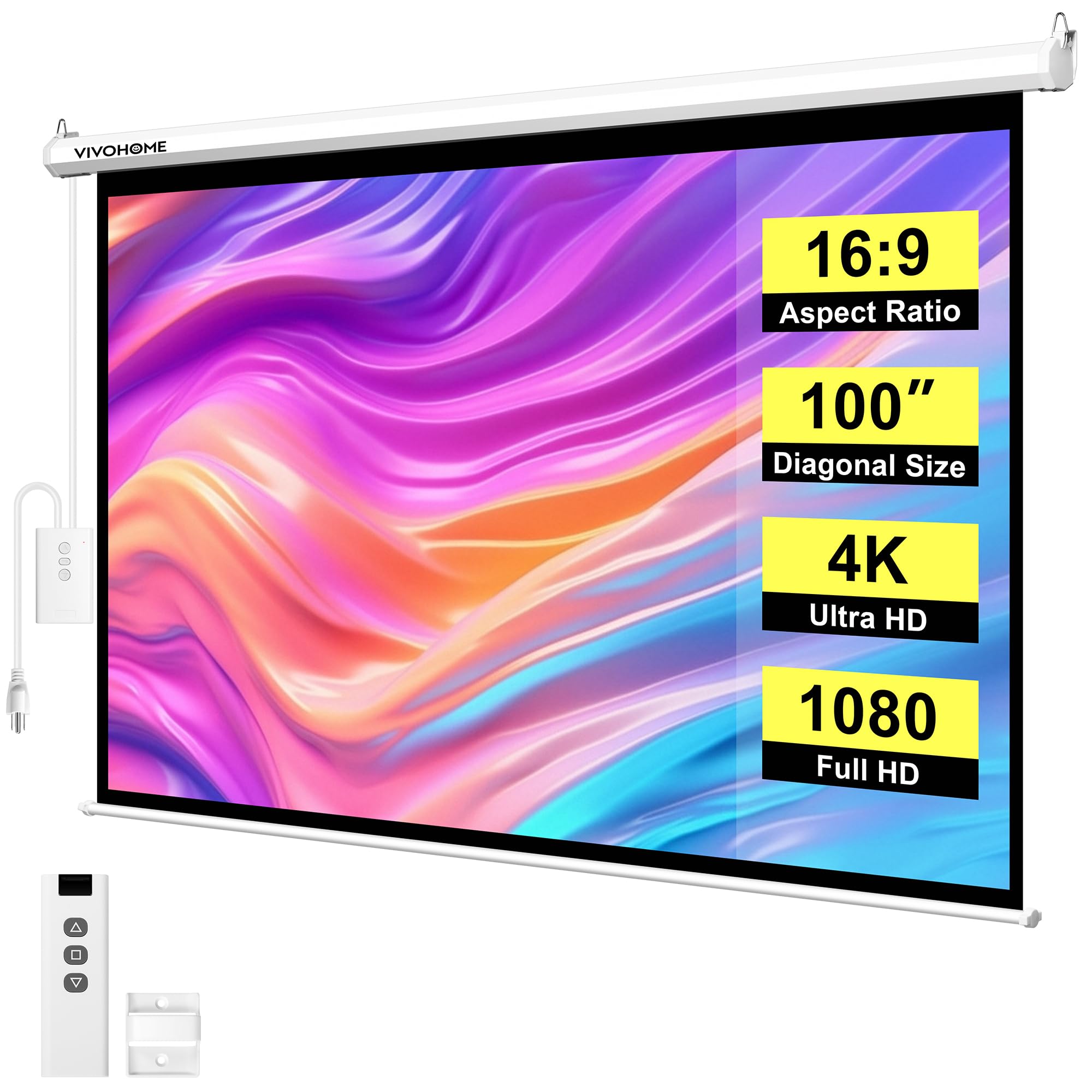 vivohome motorized projector screen with remote, 16:9 100 inch auto electric projection screen, hd 4k movie screen for home theater, cinema, office (87 x 49 white)