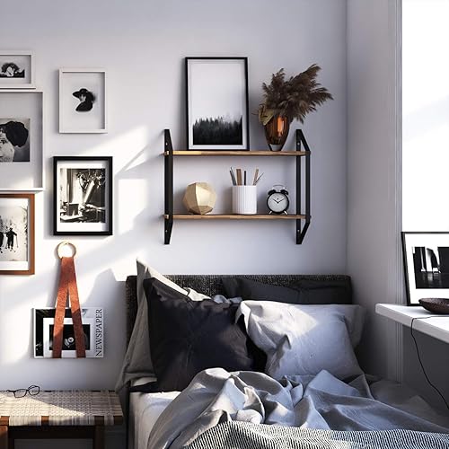 Miniatura 2 de Wallniture Ponza - Estantería flotante de 2 niveles para pared, estantes de pared de 24 pulgadas para almacenamiento de dormitorio, madera quemada