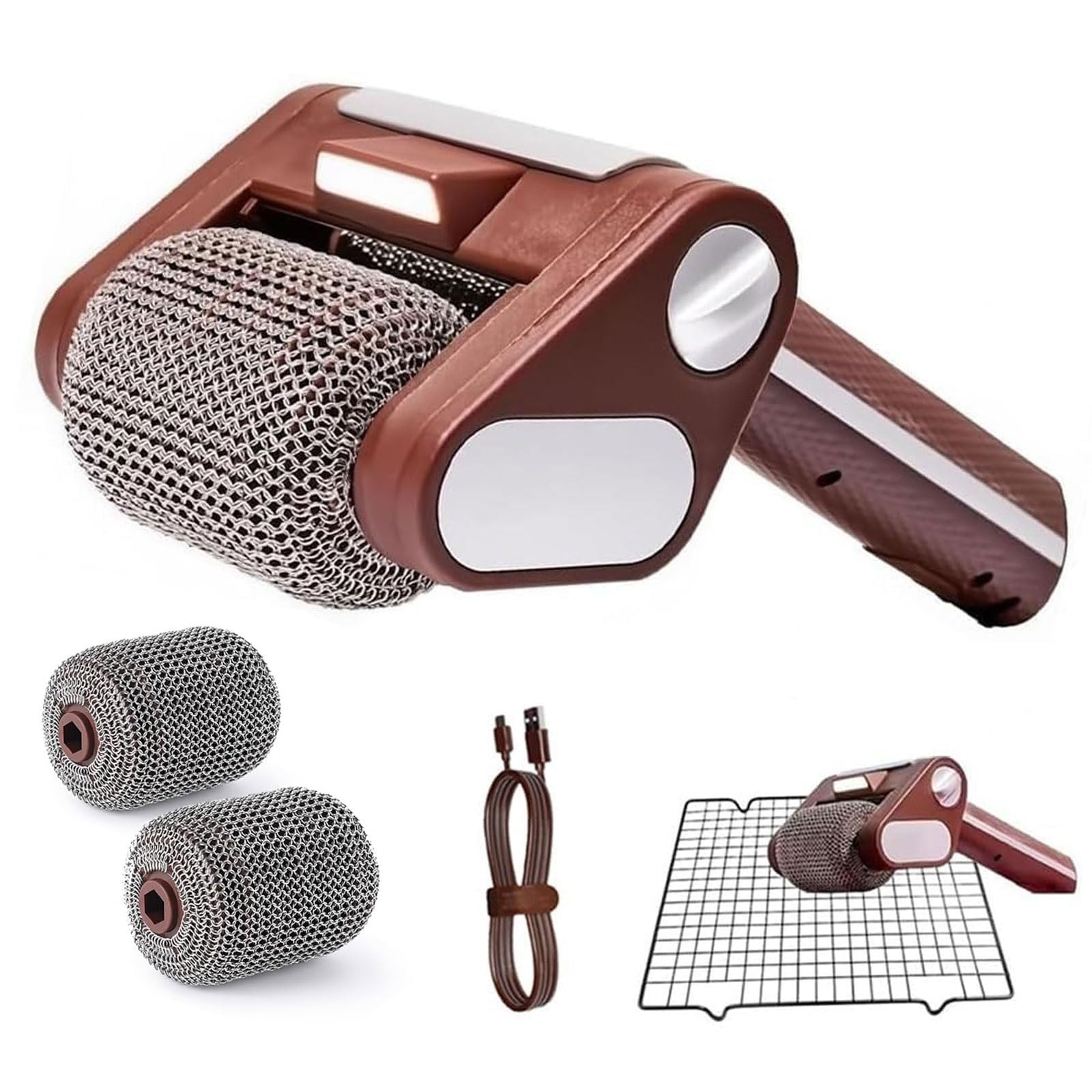 Pulitore elettrico per grill, spazzola senza setole senza setole con 2 rulli in acciaio inox, luce LED, rullo rimovibile da 350 giri/min per la pulizia del barbecue