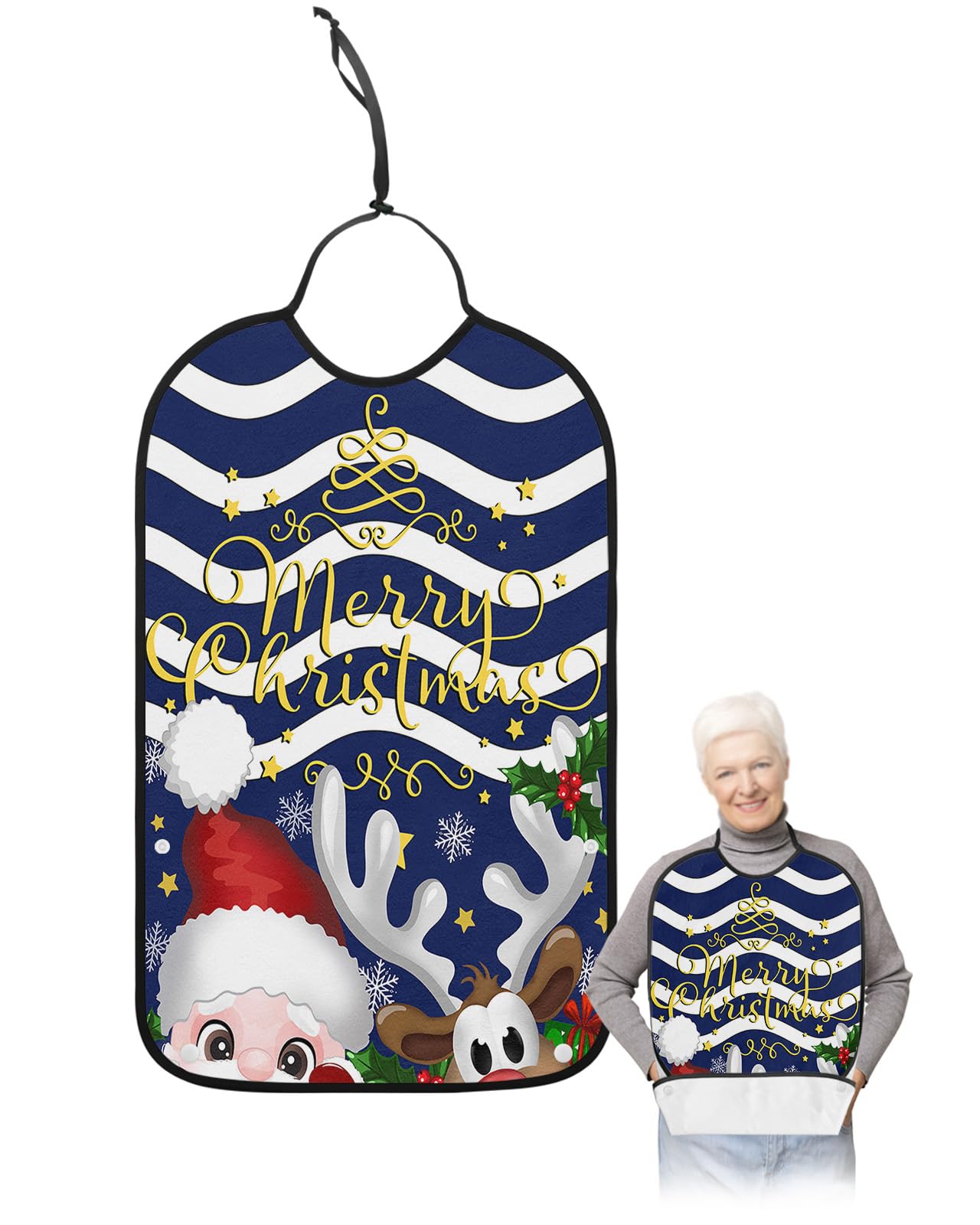 LEOKOTI Blue Santa Christmas Adult Bibs for Eating, Waterproof Bibs with Food Catcher & Snap Closure, Xmas Elk Snowflake Red Moire Geometric Washable Clothing Protectors Adult Bibs for Elderly