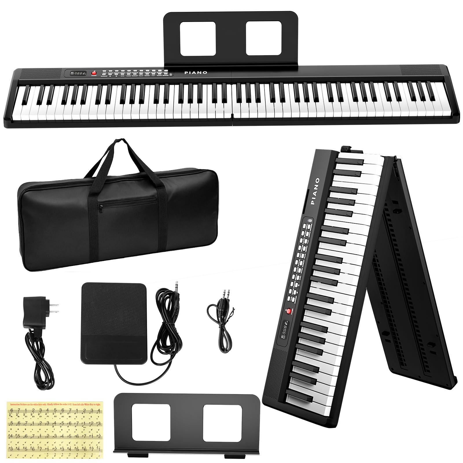 Elektronische 88 Tasten Keyboard Piano, Bluetooth Klappbare Digitale Klavier,Mit Netzadapter, Pedal, Notenständer, Aufkleber, Tragetasche, Geschenk für Anfänger