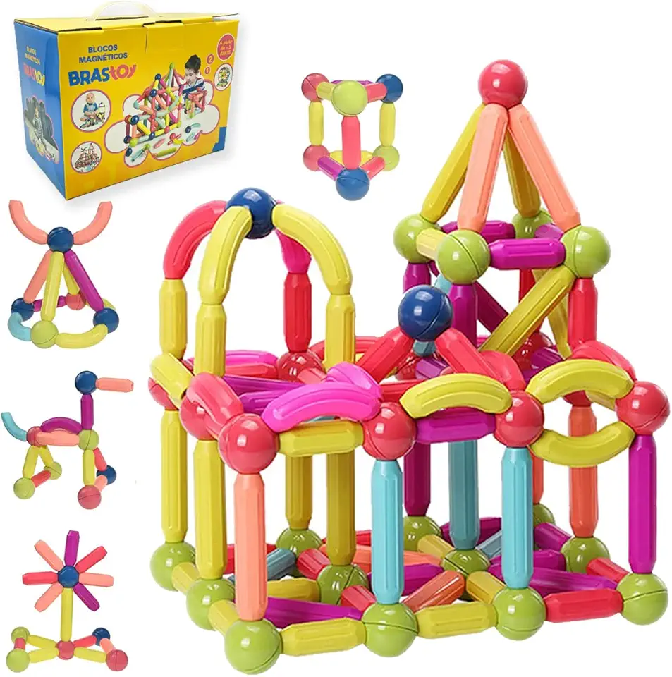 Blocos de Montar Magnéticos Construção Infantil Brinquedo Educativo Bolas e Bastões (128 Peças)