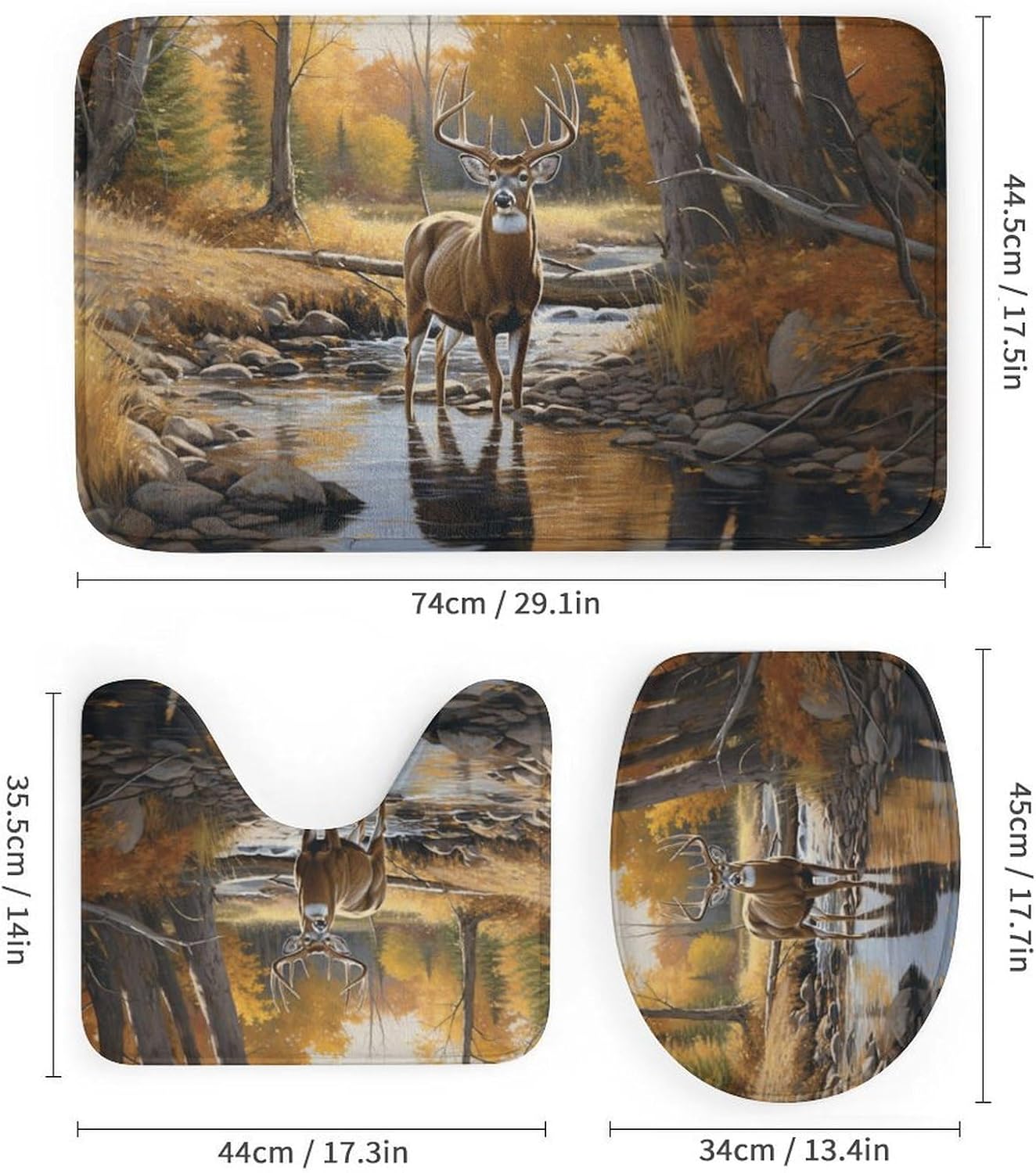 Country Rustic Deer Shower Curtain Sets with Rug, Toilet Lid Cover and Bath Mat, Wild Animals Vintage Shower Curtains with 12 Hooks Waterproof 4 Piece Bathroom Decor Set