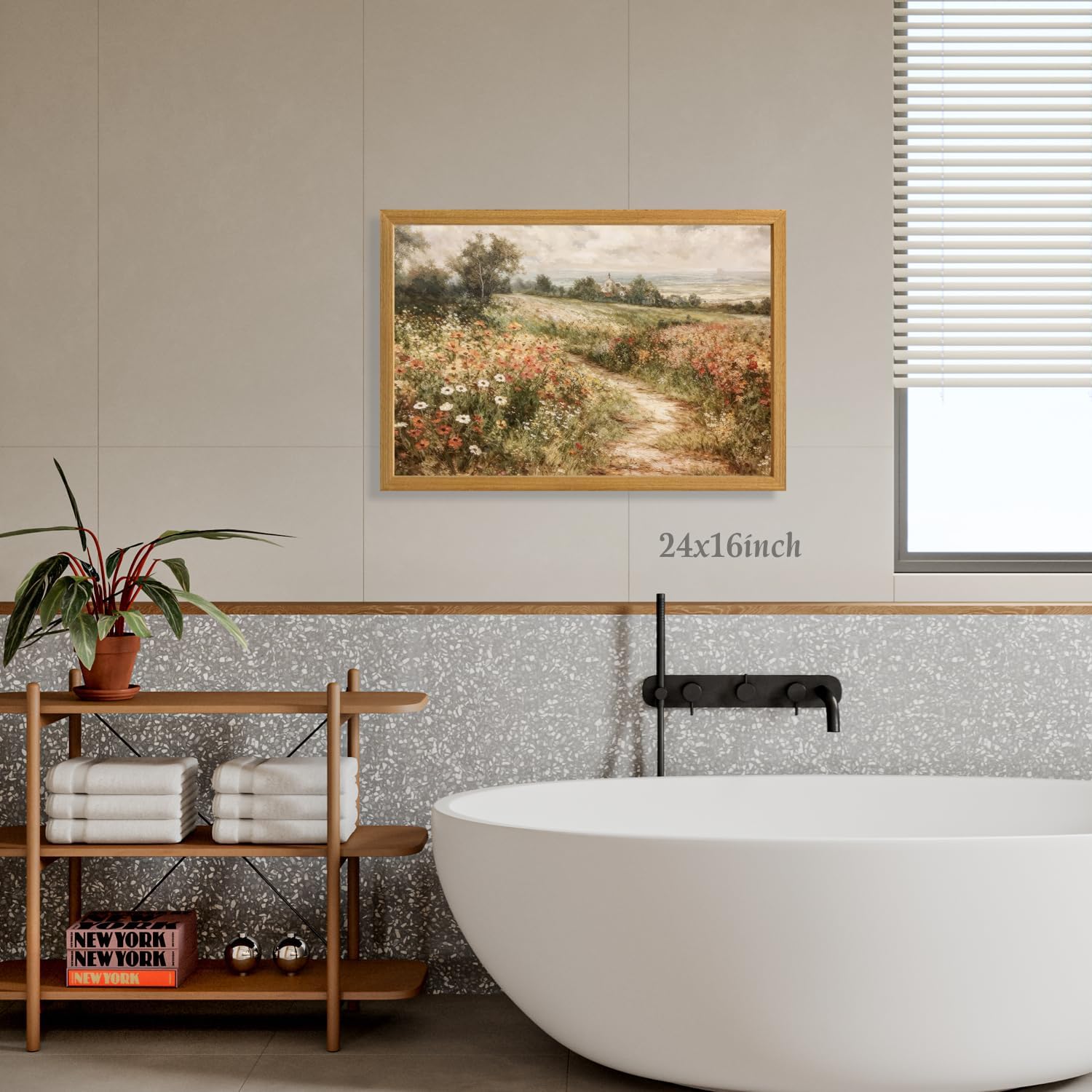 LLEEMPI Vintage Wildflower Wall Art, Country Botanical Wall Decor, Floral Meadow Nature Canvas Painting, Rustic Farmhouse Poster Print for Living Room Bedroom Bathroom Office Wood Framed 16x24 Inch