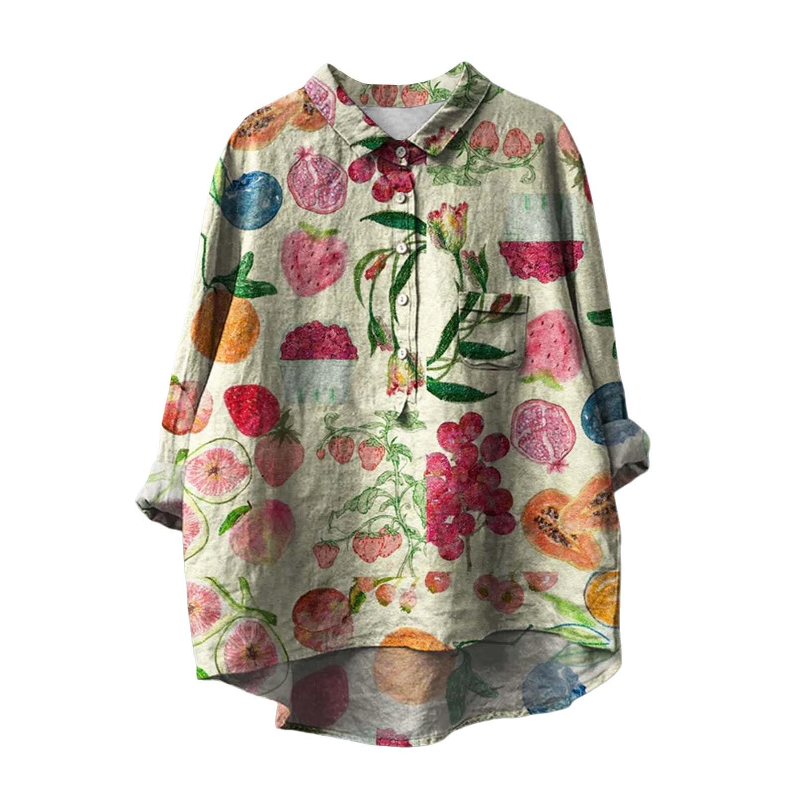Generic Camiseta casual para mujer, camiseta de verano 2024, diseño de flores, estampado de flores, cuello de solapa, casual, de algodón y lino, camiseta de manga larga para mujer, cuello en V