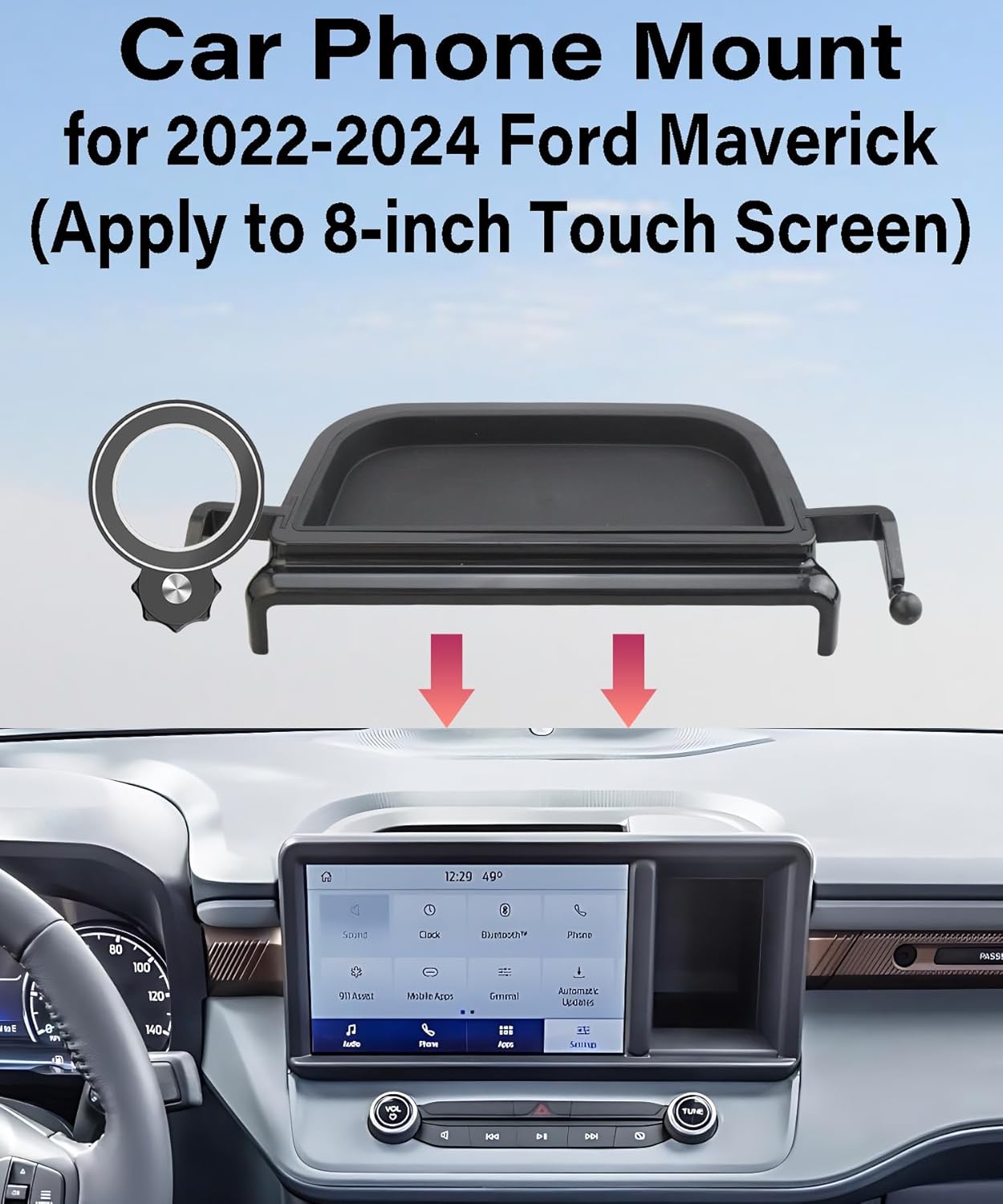 Car Phone Holder for Ford Maverick 2022 2023 2024 Accessories Apply to 8 Inch Screen Fixed Clip Magnetic Cell Phone Mount Hands-Free 360 Degree Rotation with Dashboard Storage Tray