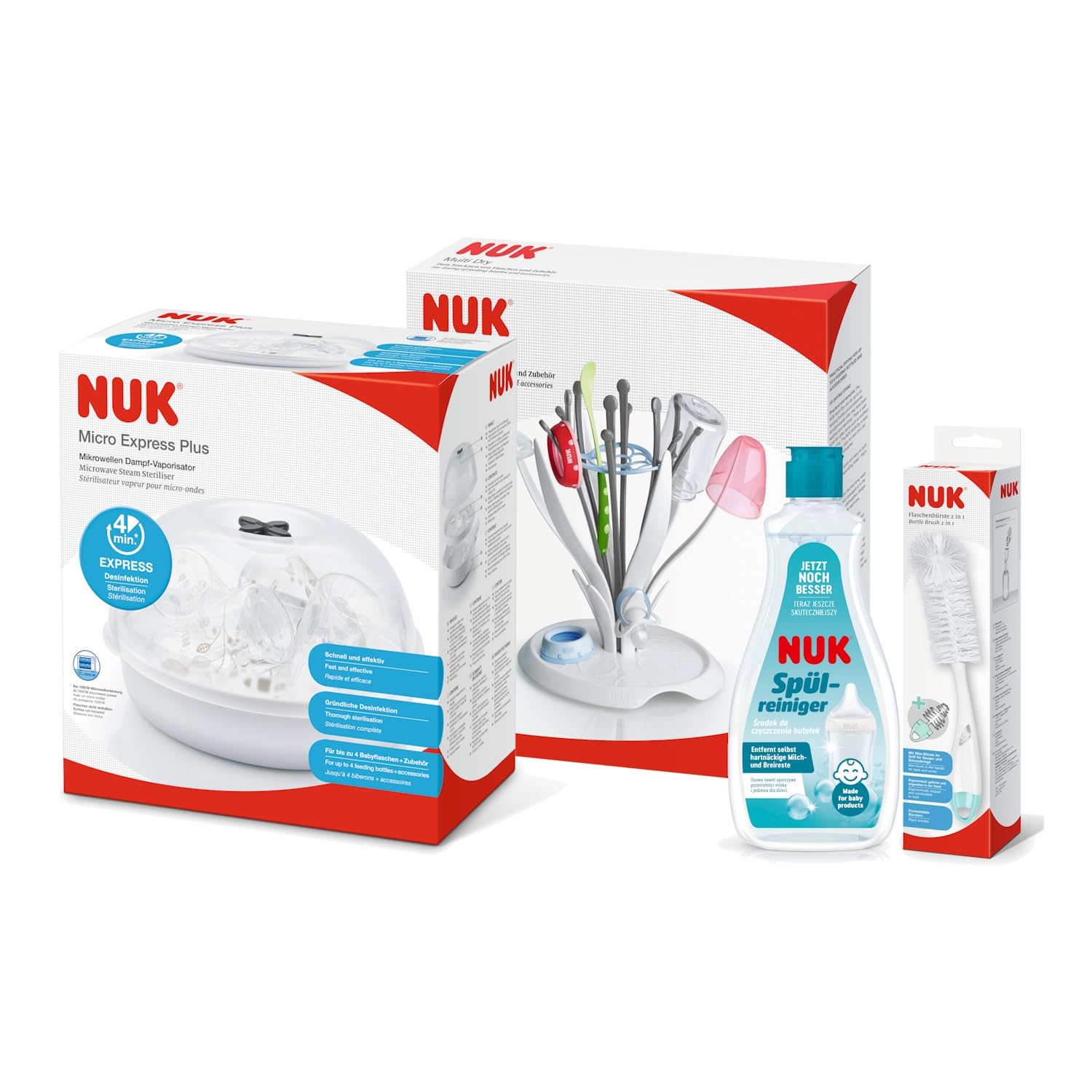 NUK Reinigungsset zur gründlichen Reinigung von Babyflaschen, Saugern & mehr | Micro Express Plus Mikrowellen Sterilisator & Spülreiniger 500 ml & 2in1 Flaschenbürste & MultiDry Trockenständer