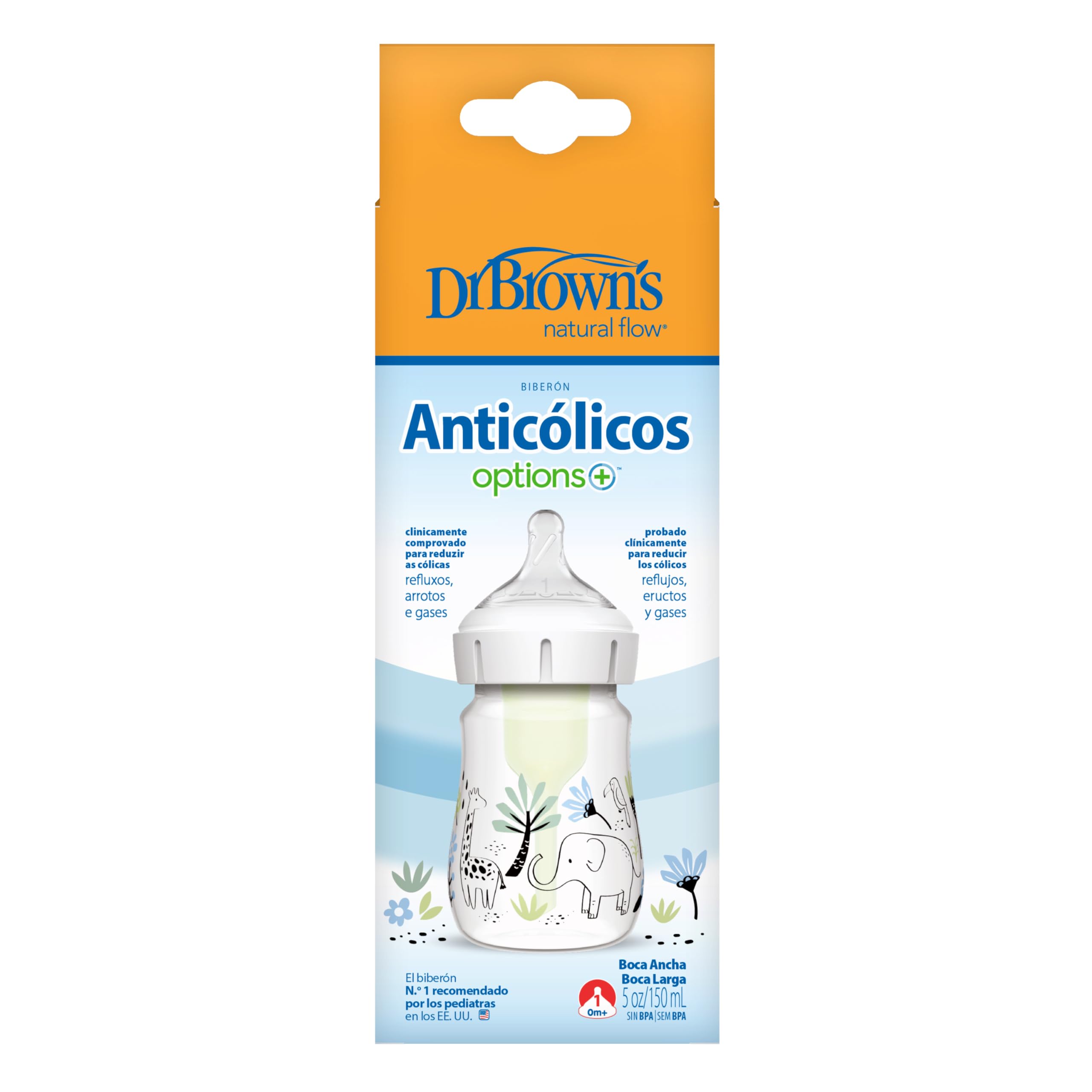 Dr. Brown’s Biberón Anticólicos de Boca Ancha Options+ Selva 150 ml - Sistema Patentado con Ventilación Interna - Tetina Nivel 1 de Flujo Lento +0 Meses - Silicona Médica y Polipropileno Sin BPA