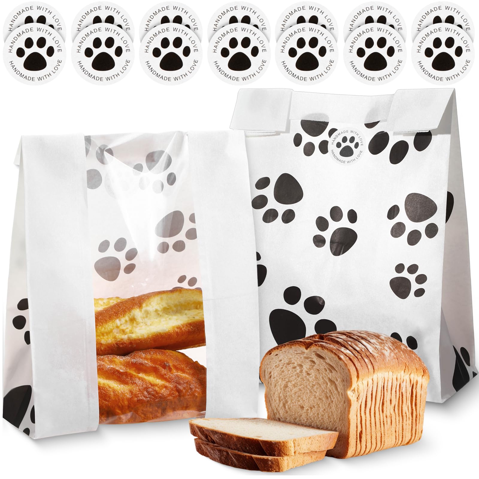 Dinifee120 Pcs Bread Bags for Homemade Bread with 120 Pcs Sealing Stickers 13.7 x 8.2 x 3.5 Inch Paw Pattern Sourdough Paper Bread Bags with Window Large Bakery Bags for Baked Food Packaging (White)