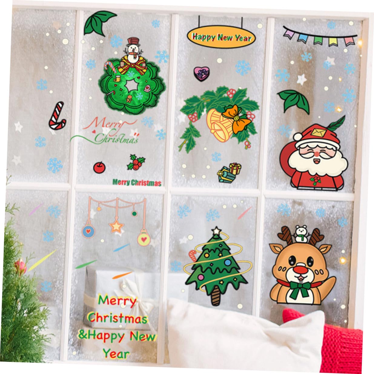 Angoily 30 Piezas Pegatinas Navideñas para Ventanas de PVC Decoración Removible con de Santa Claus Árbol y Reno Adhesivos Festivos para Cristales Navidad