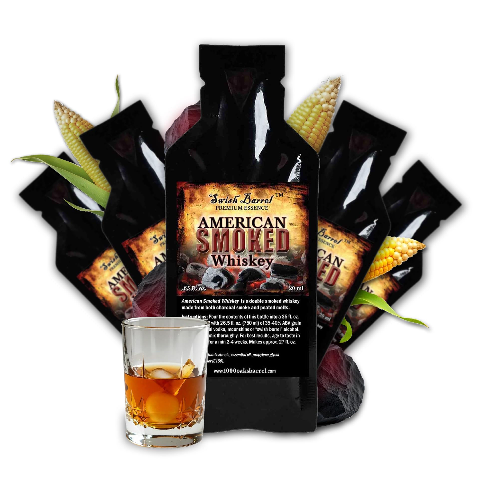 American Smoked Whiskey Essence Flavoring (5 Pack), Liquor Flavor Refill Packet for Bootleg Kits & Barrel Aging, Swish Barrel Premium Extract for Cocktails, Mixology & Moonshine, 5 x 20ml (.65oz)