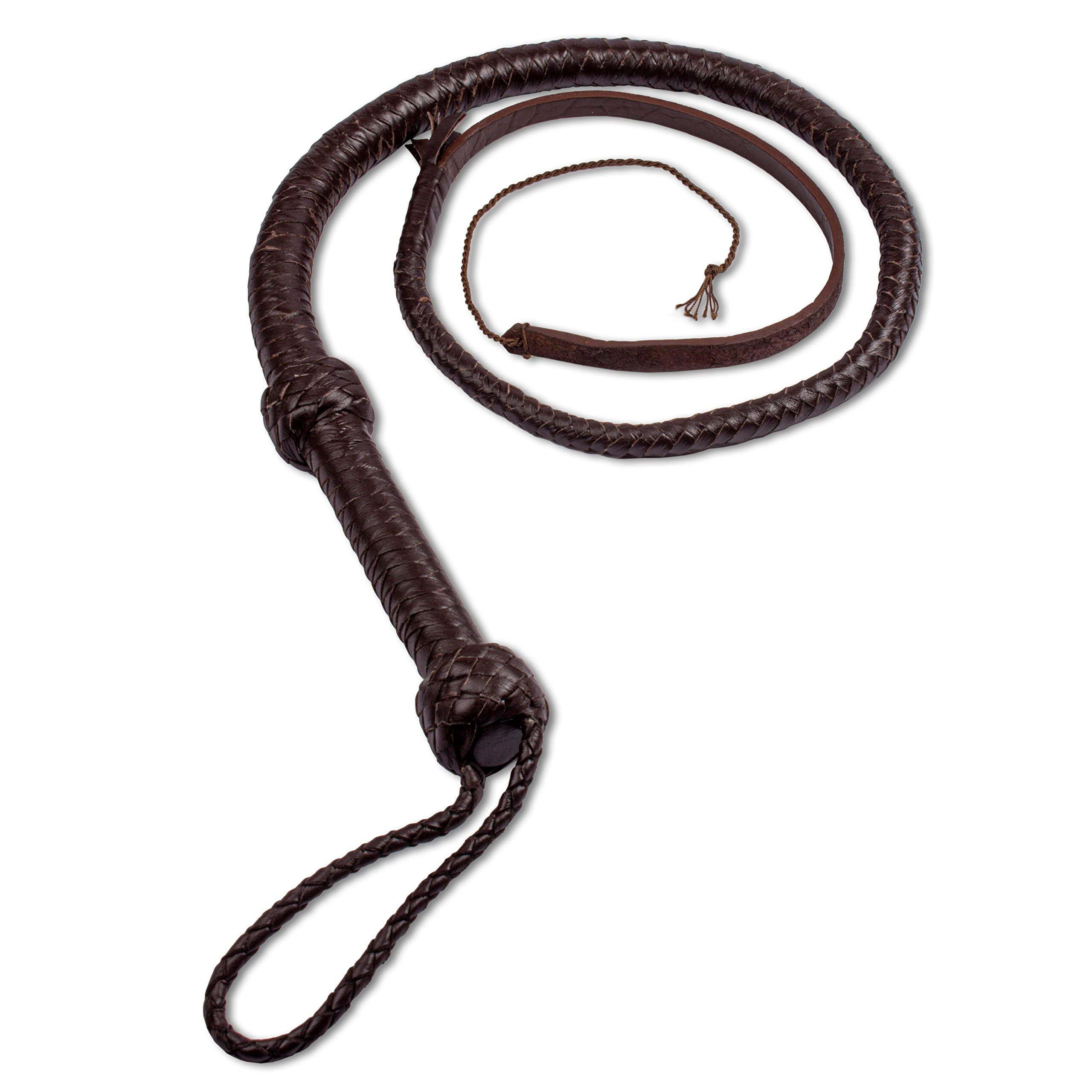 Indiana Jones - Látigo de cuero vacuno real negro y marrón, mango fuerte y bien equilibrado para sonido de agrietamiento con 5 galletas adicionales (marrón, 4 pies - 8 unidades)