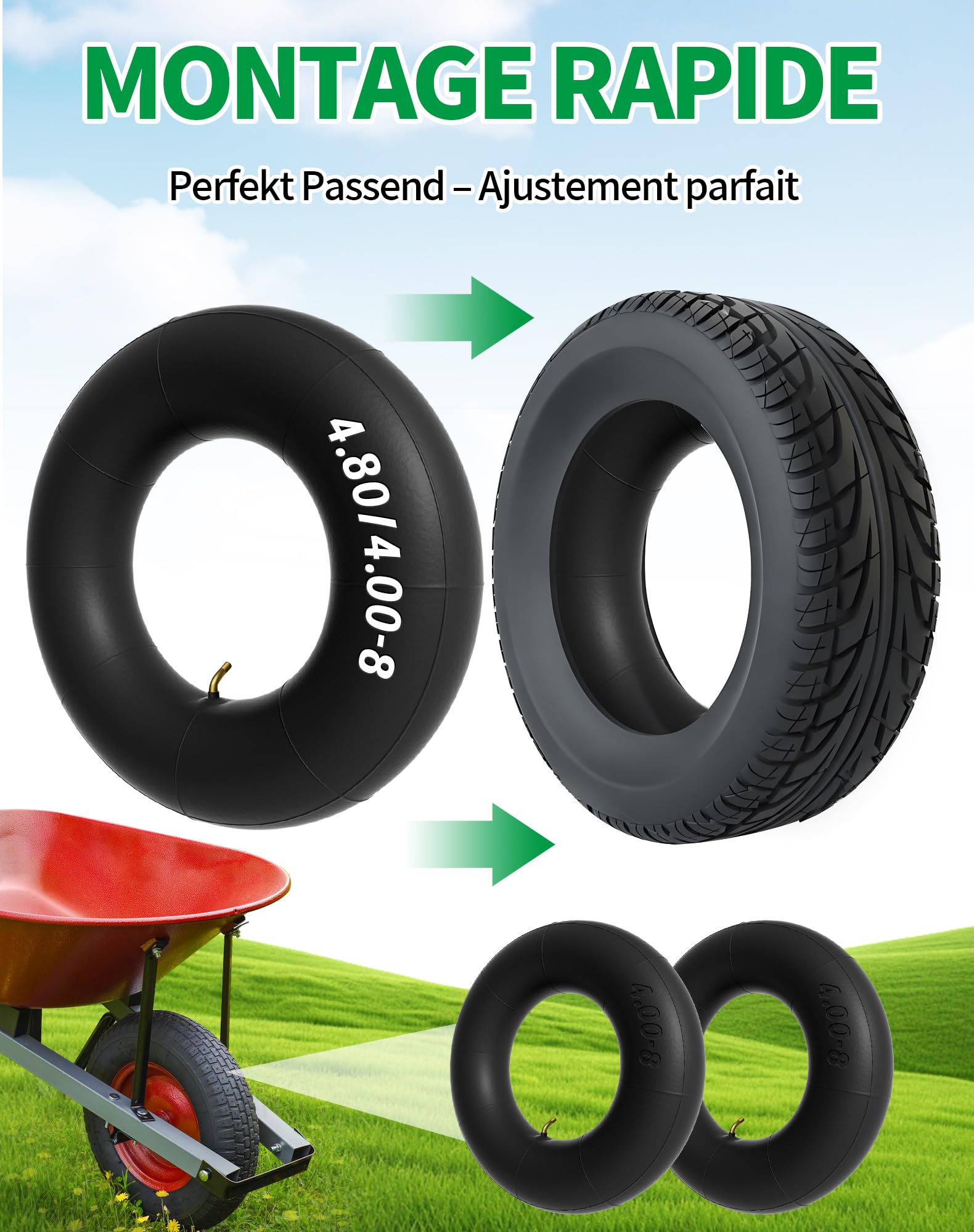 2PCS Chambre à air 4.80 4.00-8 Pneu 4.80/4.00-8 pour Roue Brouette Chariot Diable Scooter Chariot à Main Chariot de Jardin