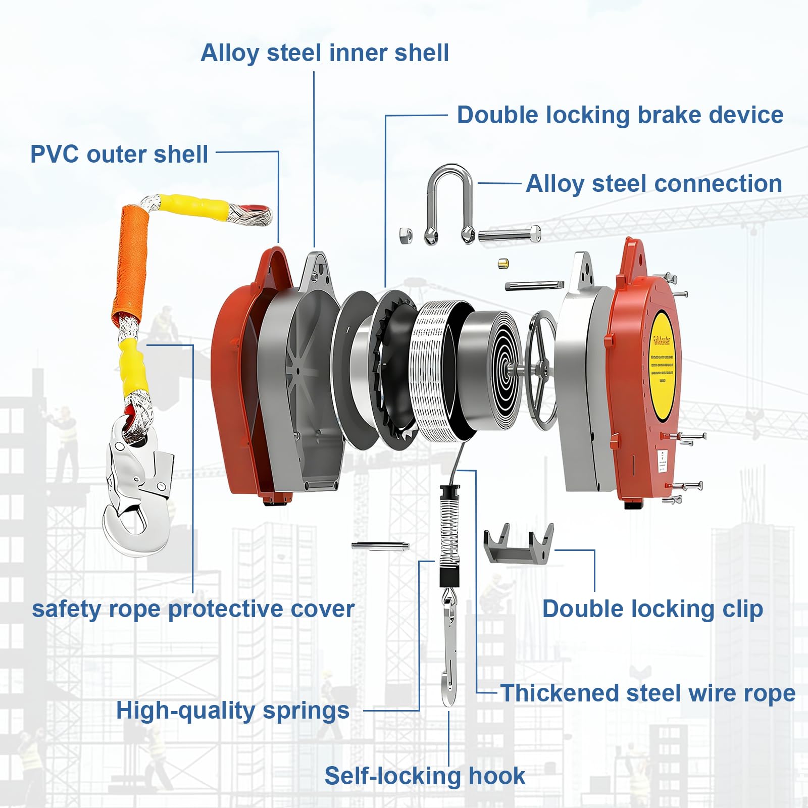 Linea de Vida Retractil Tejado 200 kg, Arnes Seguridad Anticaidas Retractil Trabajo Altura y Tejado, 10m/15m/20m Dispositivo Anticaida Retractil Homologado con Cable 4 mm Diámetro(1 Pieza,10m)